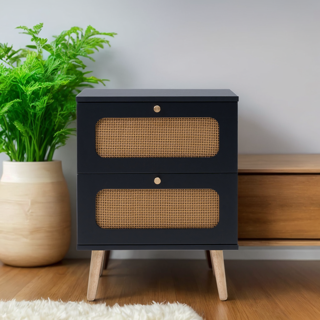 Black cane bedside table with two drawers and gold knobs