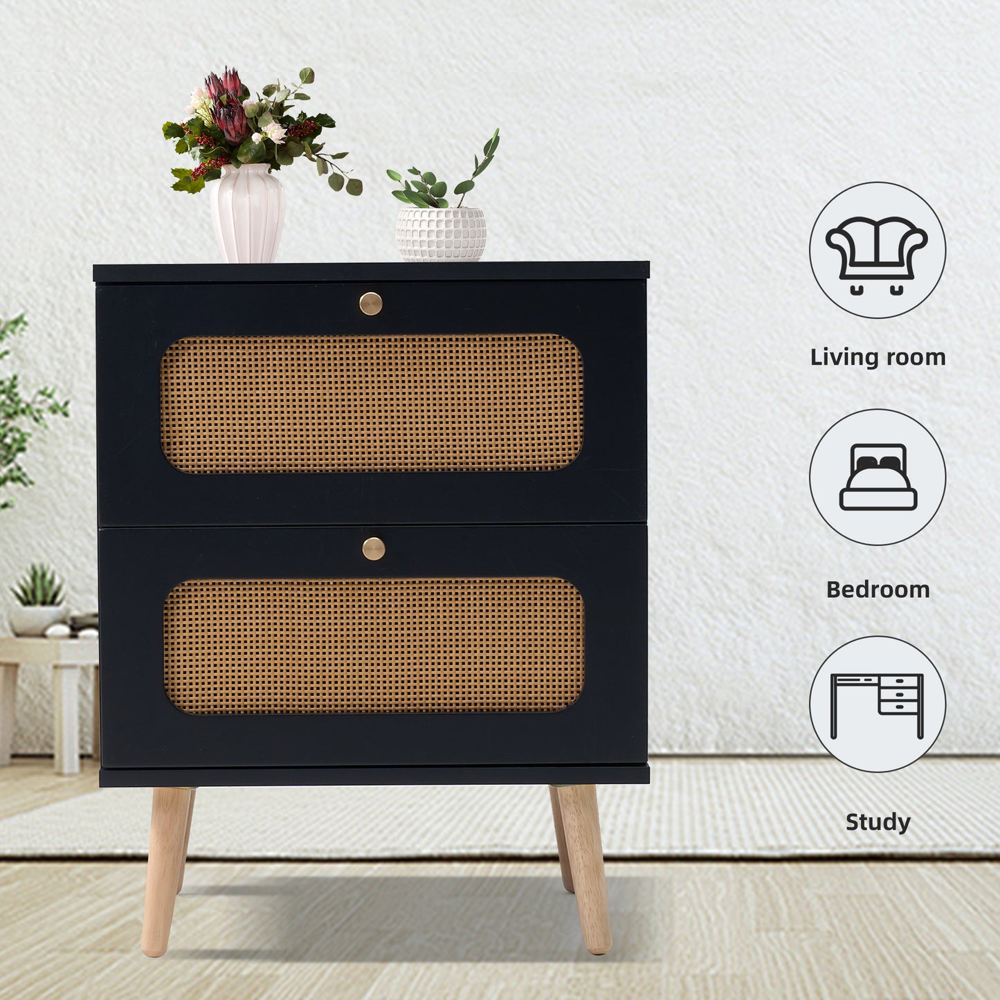 Black twodrawer nightstand with rattan fronts and gold knobs
