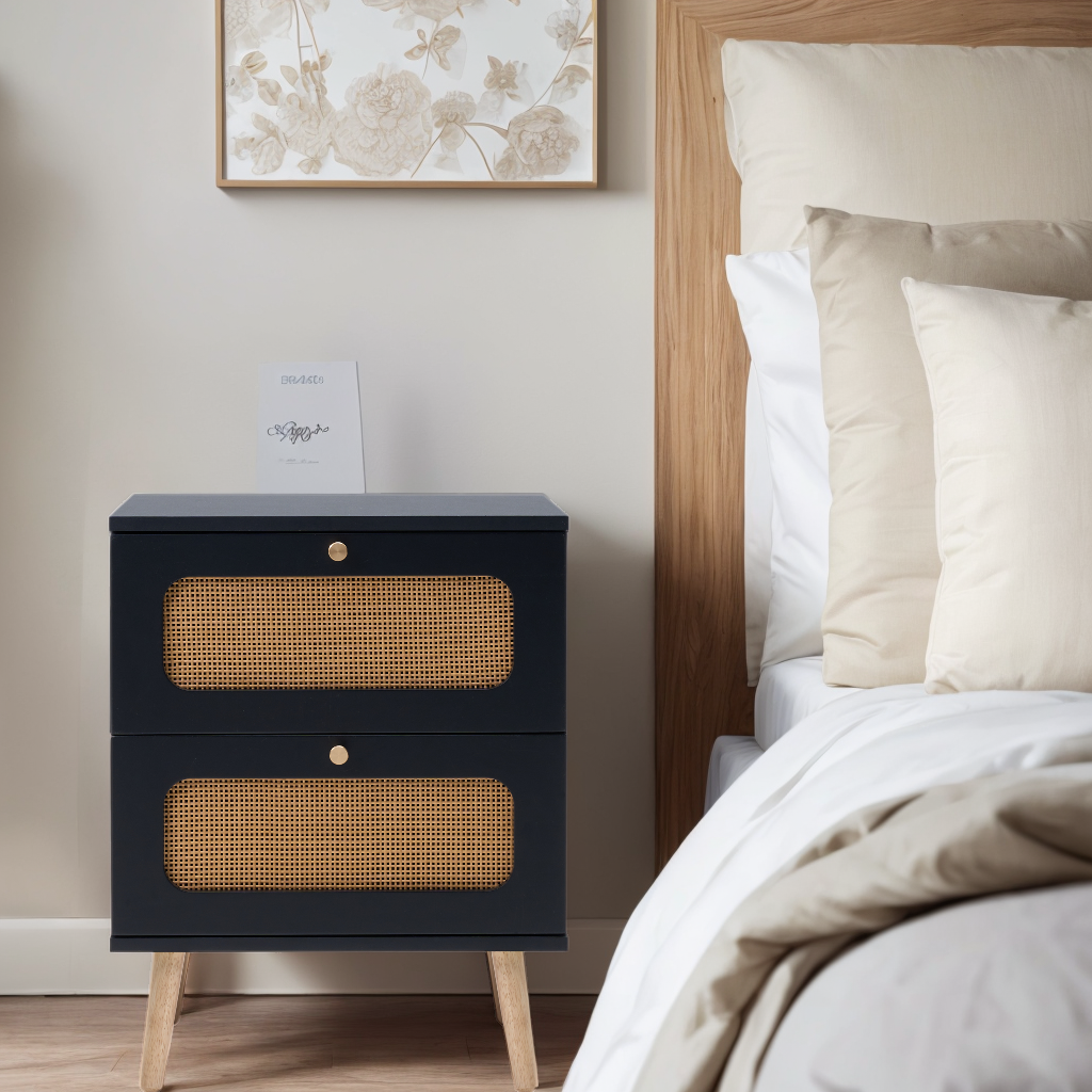 Dark navy nightstand with rattan drawer fronts and gold knobs