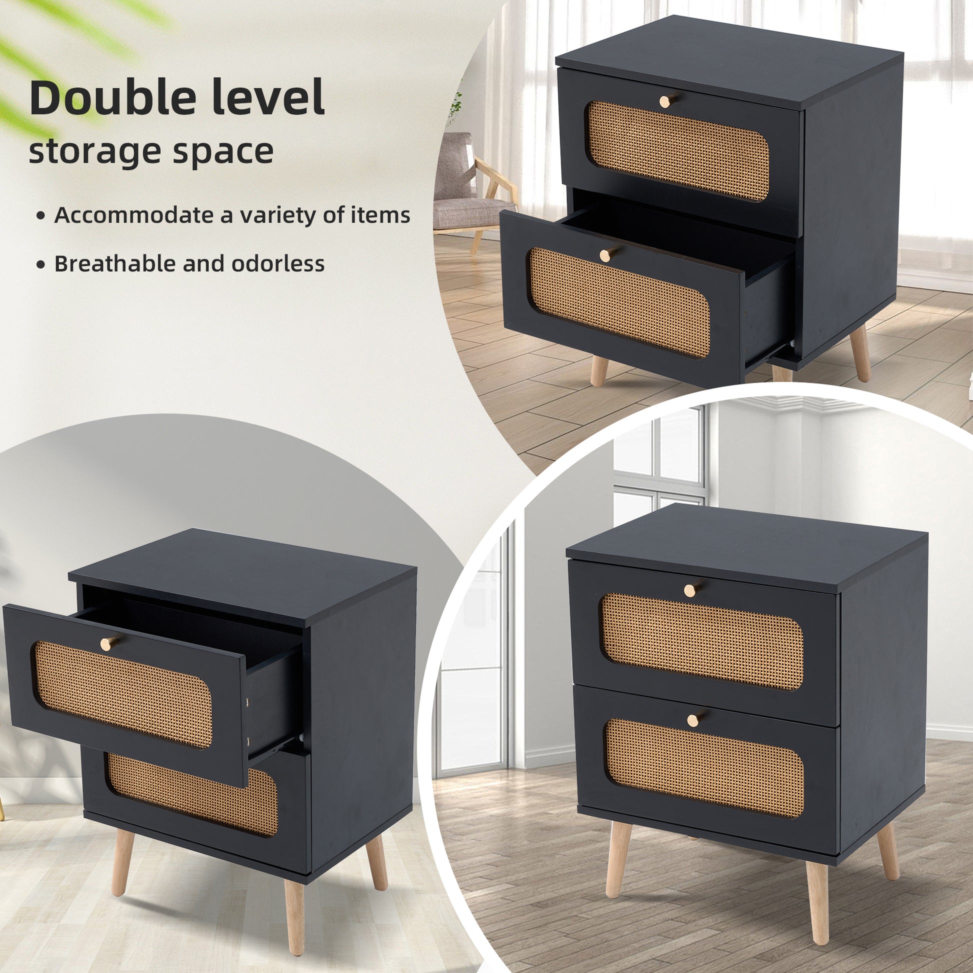Dark gray twodrawer nightstand with woven cane drawer fronts and brass knobs