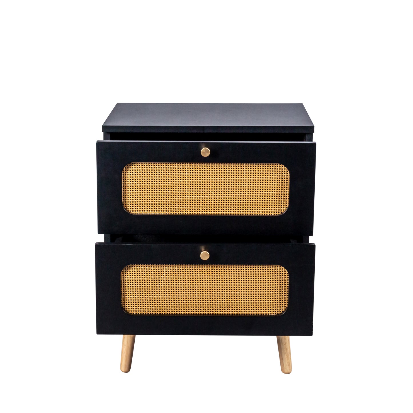 Black twodrawer nightstand with rattan fronts and gold knobs