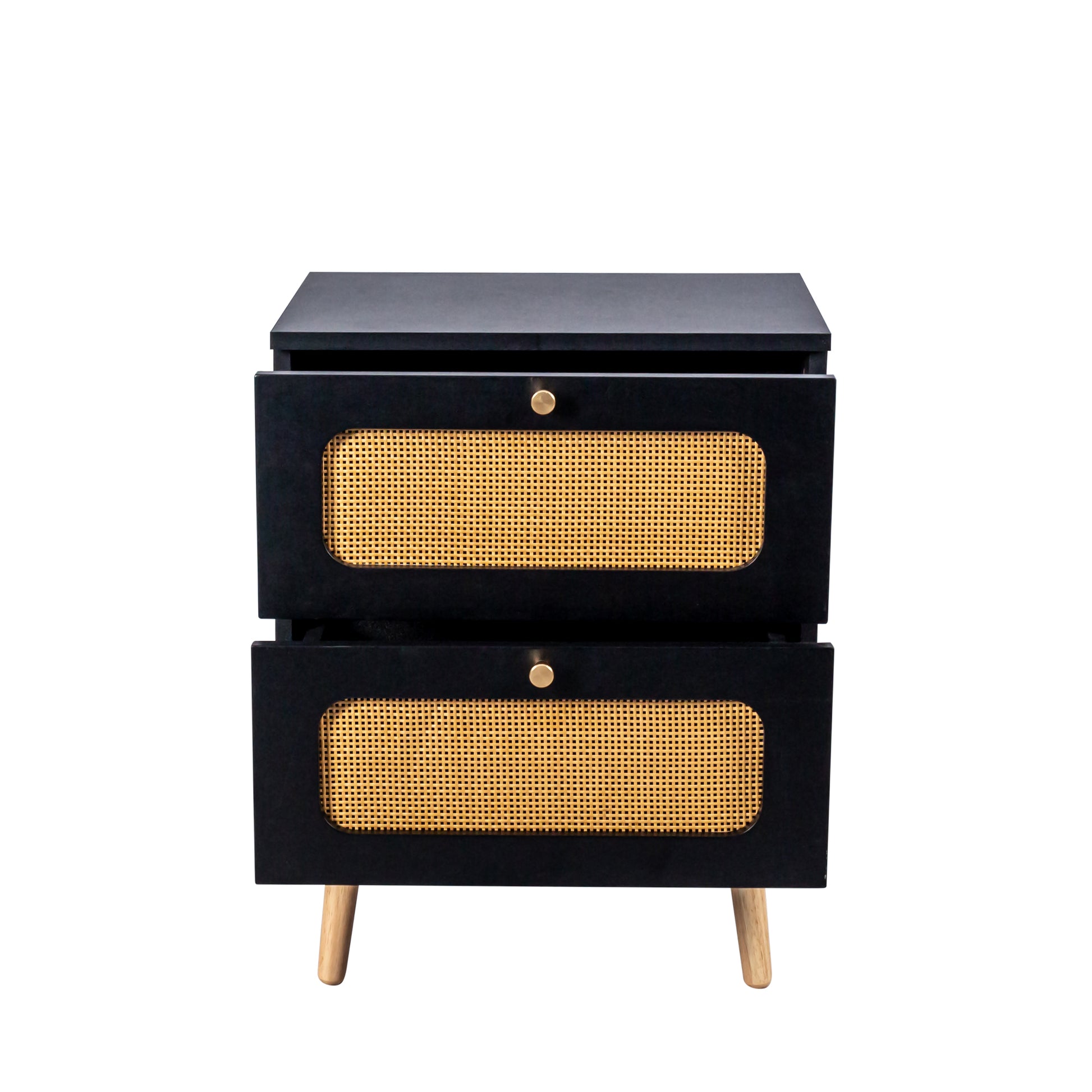 Black twodrawer nightstand with rattan fronts and gold knobs