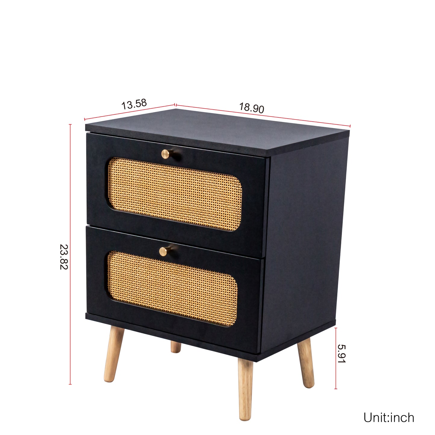 Black bedside table with rattan drawer fronts and gold knobs