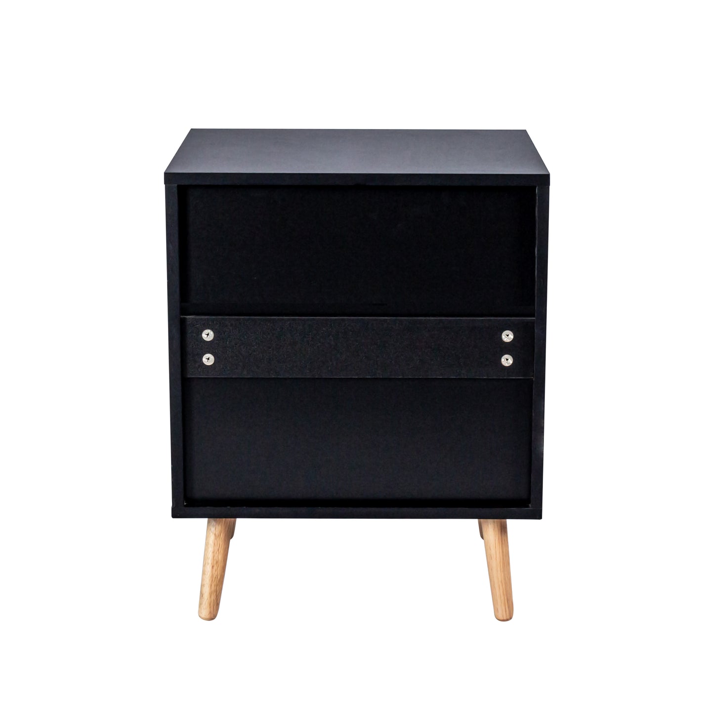 Black twodrawer nightstand with wooden tapered legs and a modern design