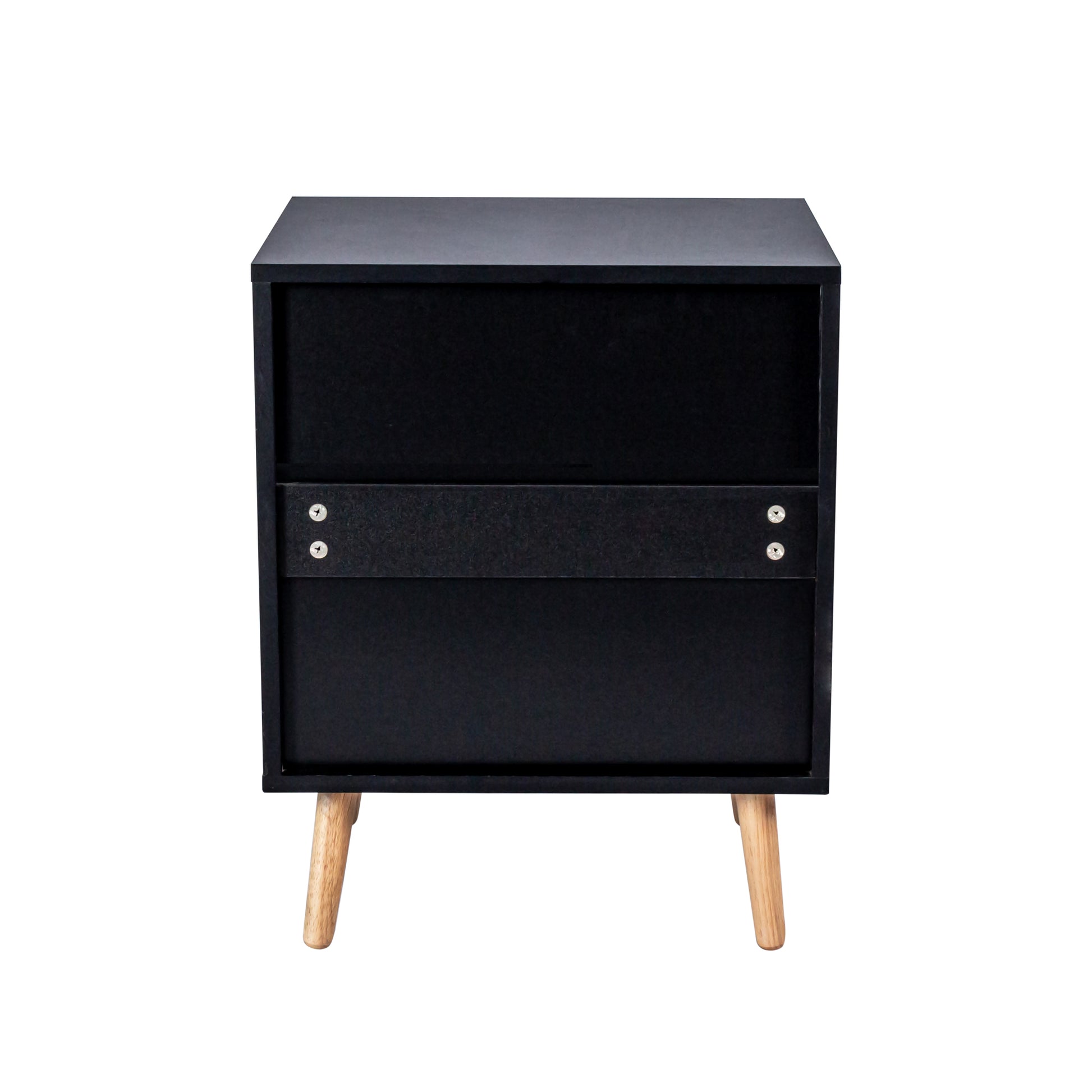 Black twodrawer nightstand with wooden tapered legs and a modern design