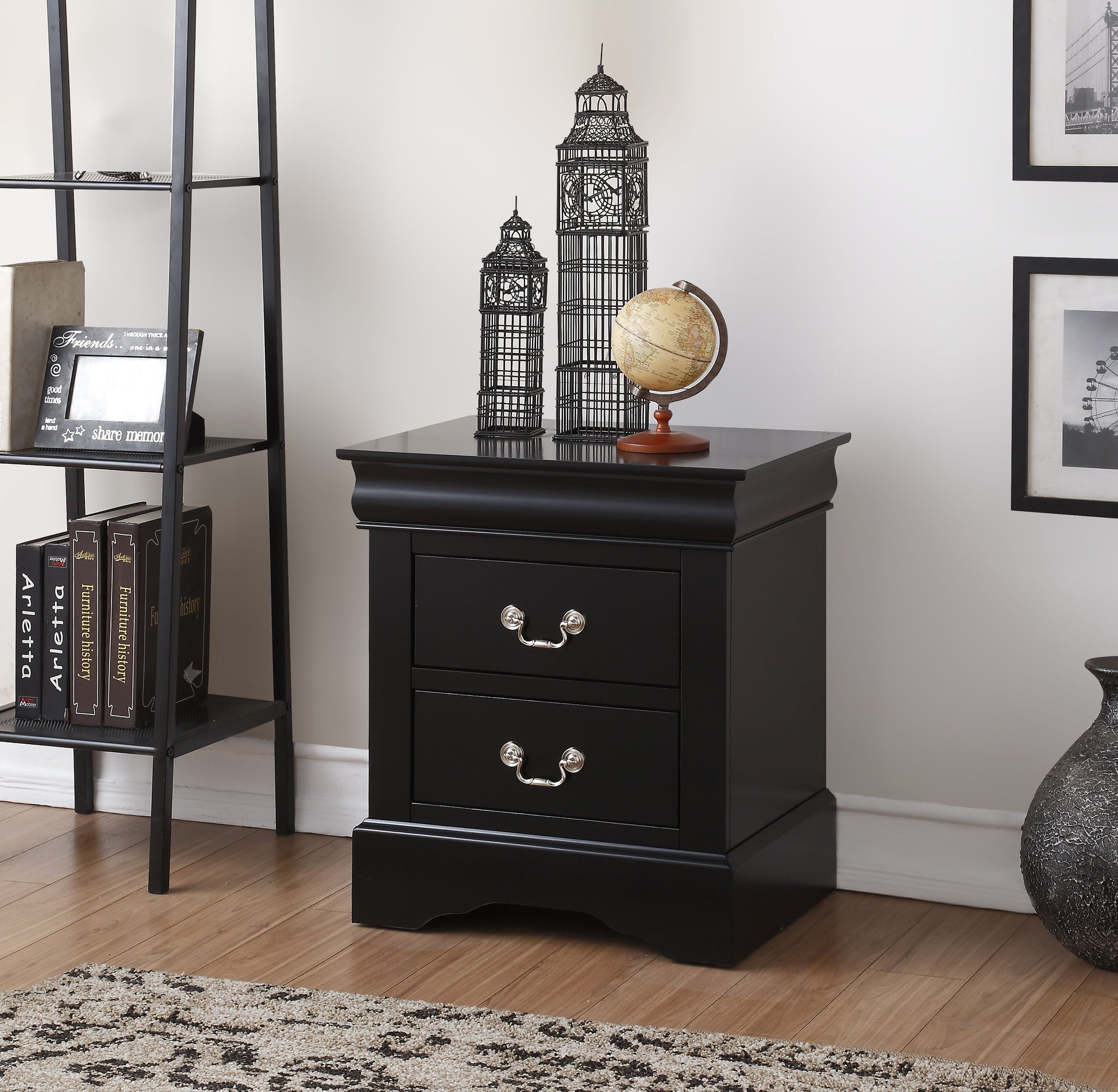Black twodrawer nightstand with ornate silver hardware