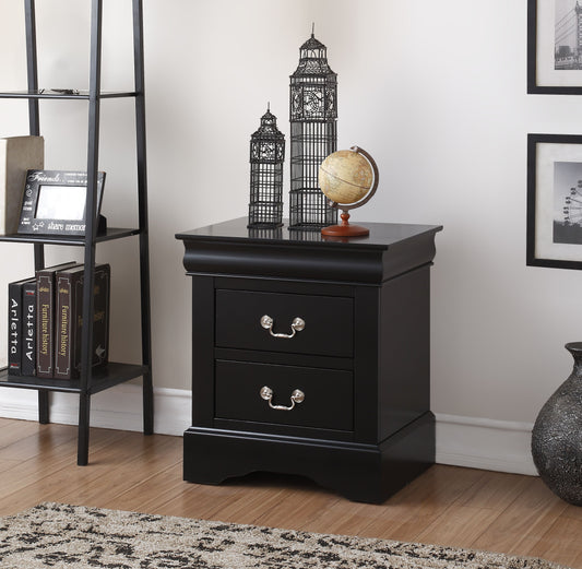 Black twodrawer nightstand with ornate silver hardware