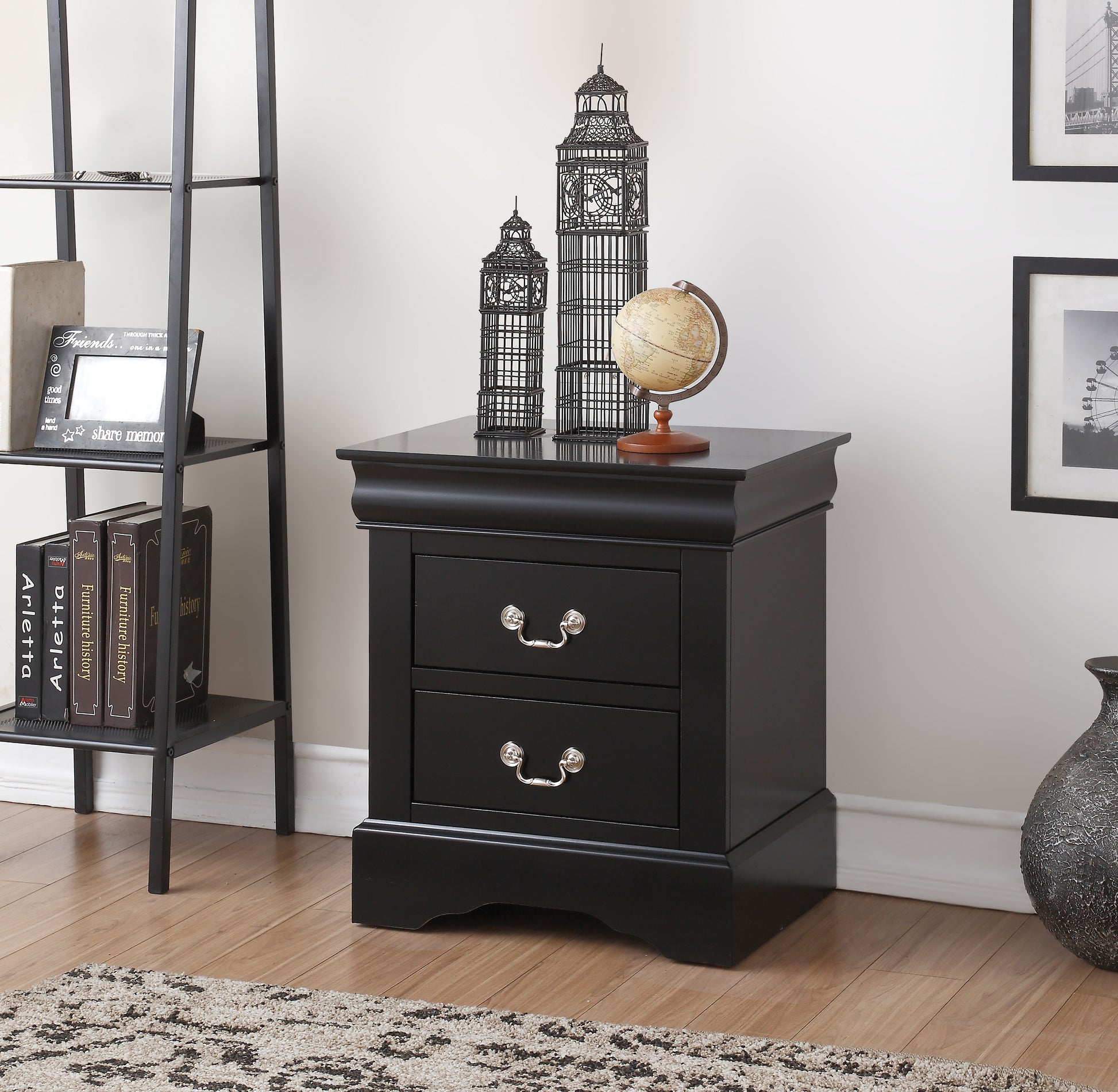 Black wood bedside table with two drawers and silver hardware