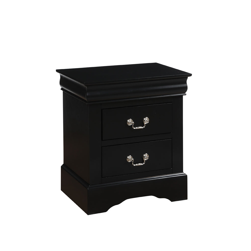 Black twodrawer wooden nightstand with silver pull handles