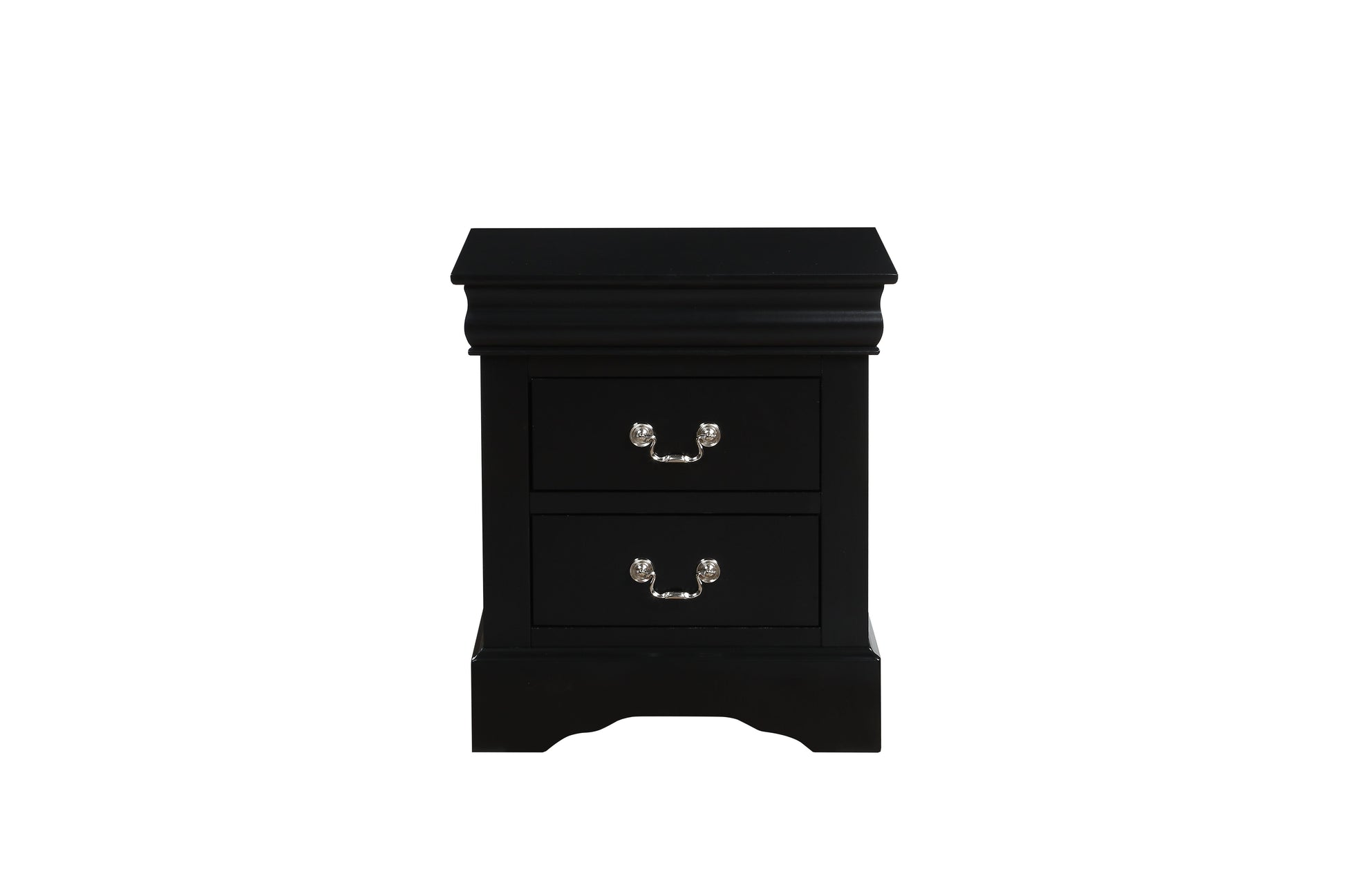 Black twodrawer wooden nightstand with ornate silver pulls