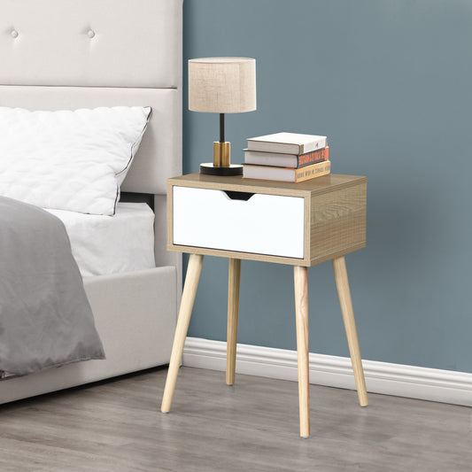 Oak bedside table with white drawer and tapered legs
