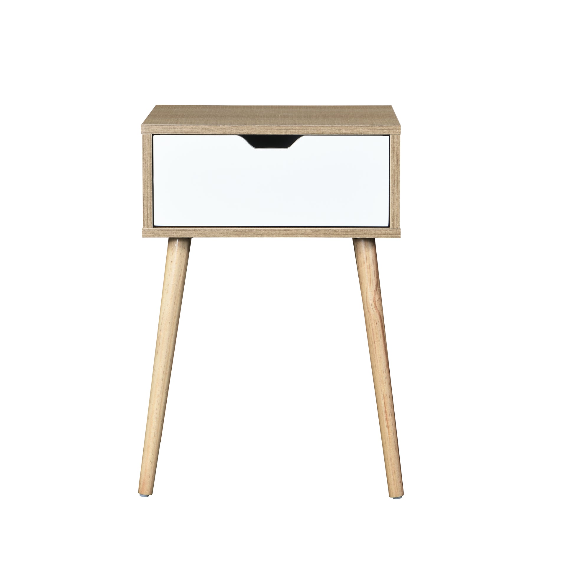 Midcentury modern nightstand with light wood finish and white drawer