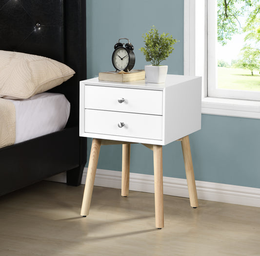 Modern white twodrawer nightstand with wooden tapered legs