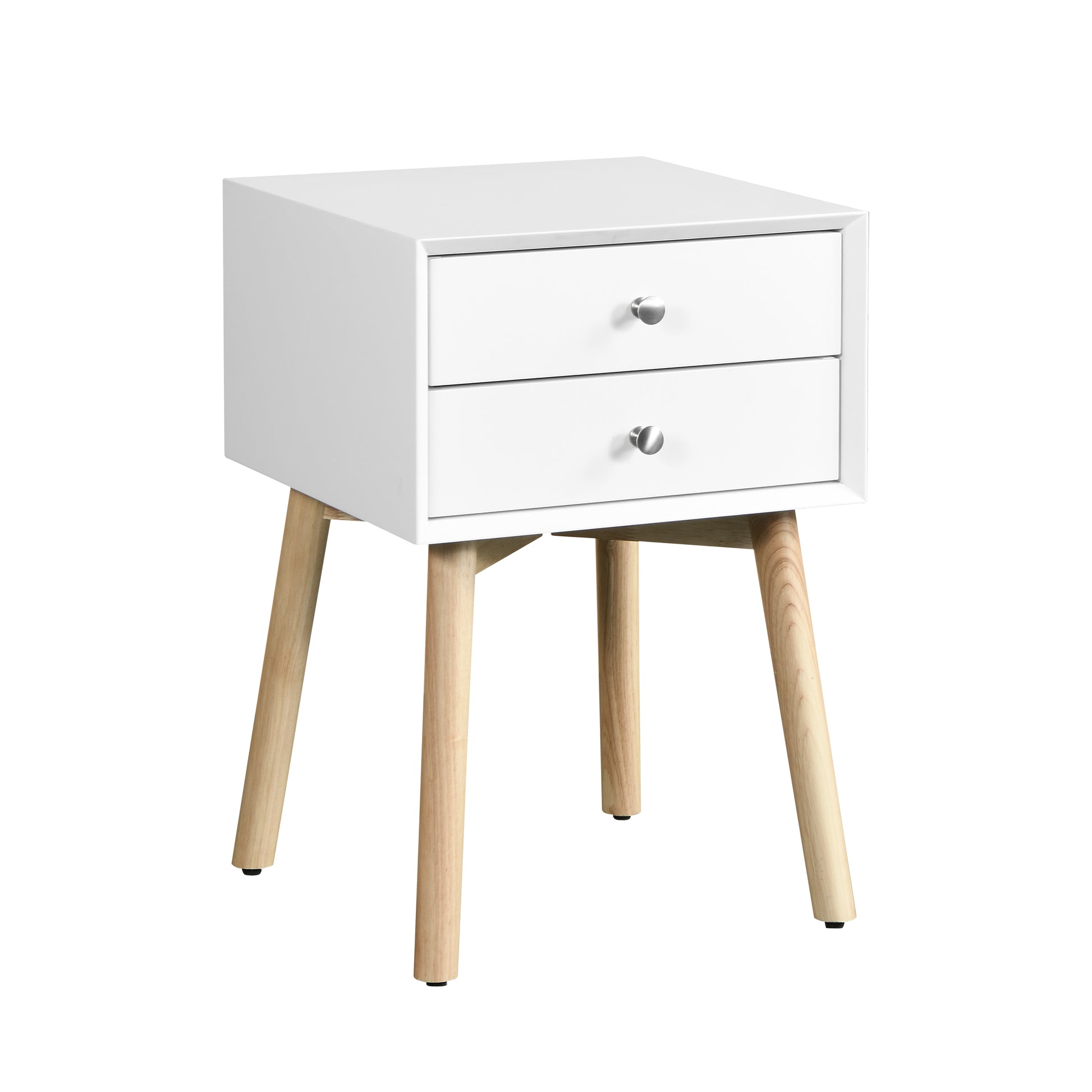 White twodrawer nightstand with silver knobs and tapered wooden legs