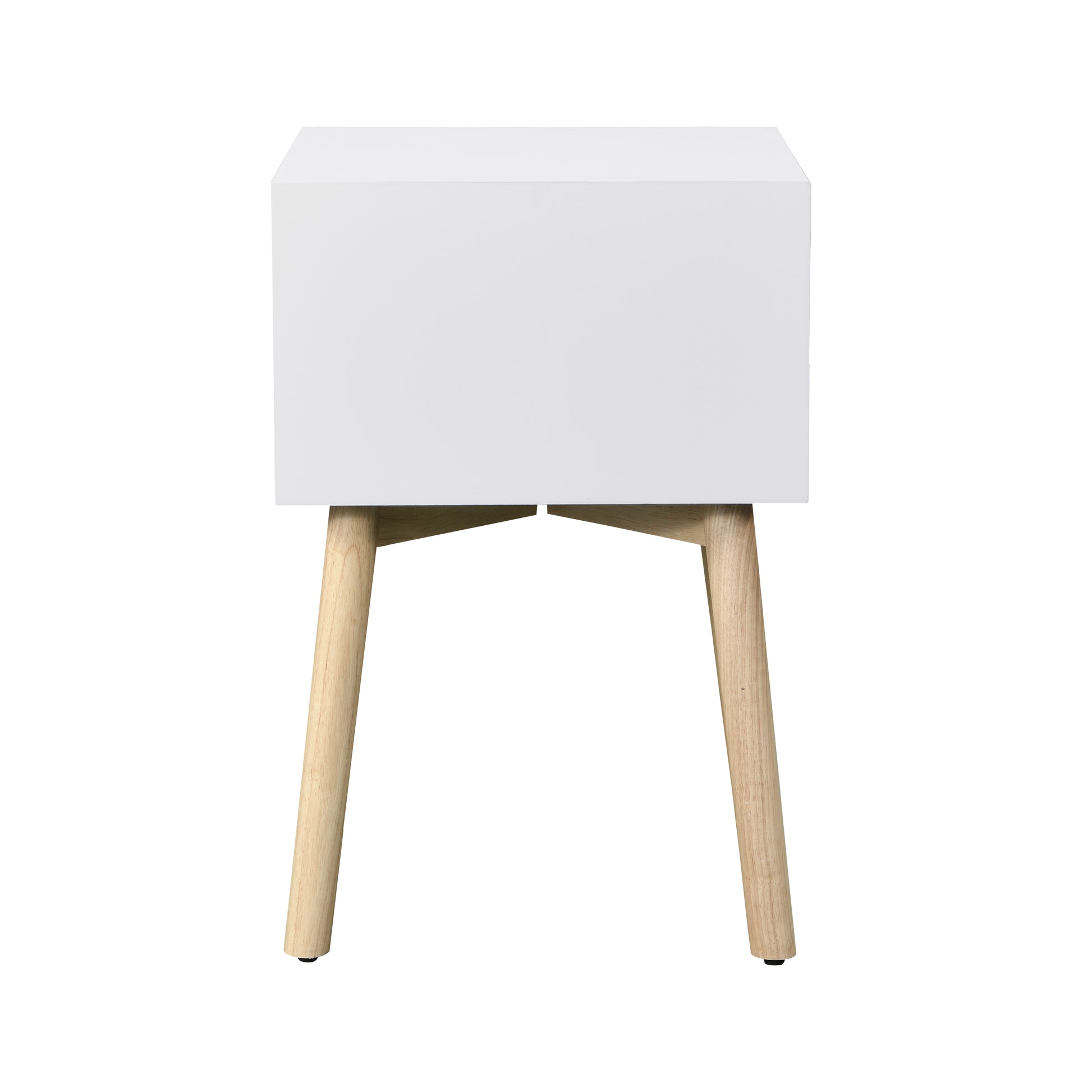 Modern white bedside table with tapered wooden legs