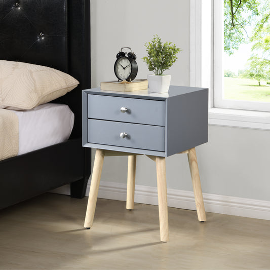 Gray twodrawer nightstand with wood legs and silver knobs