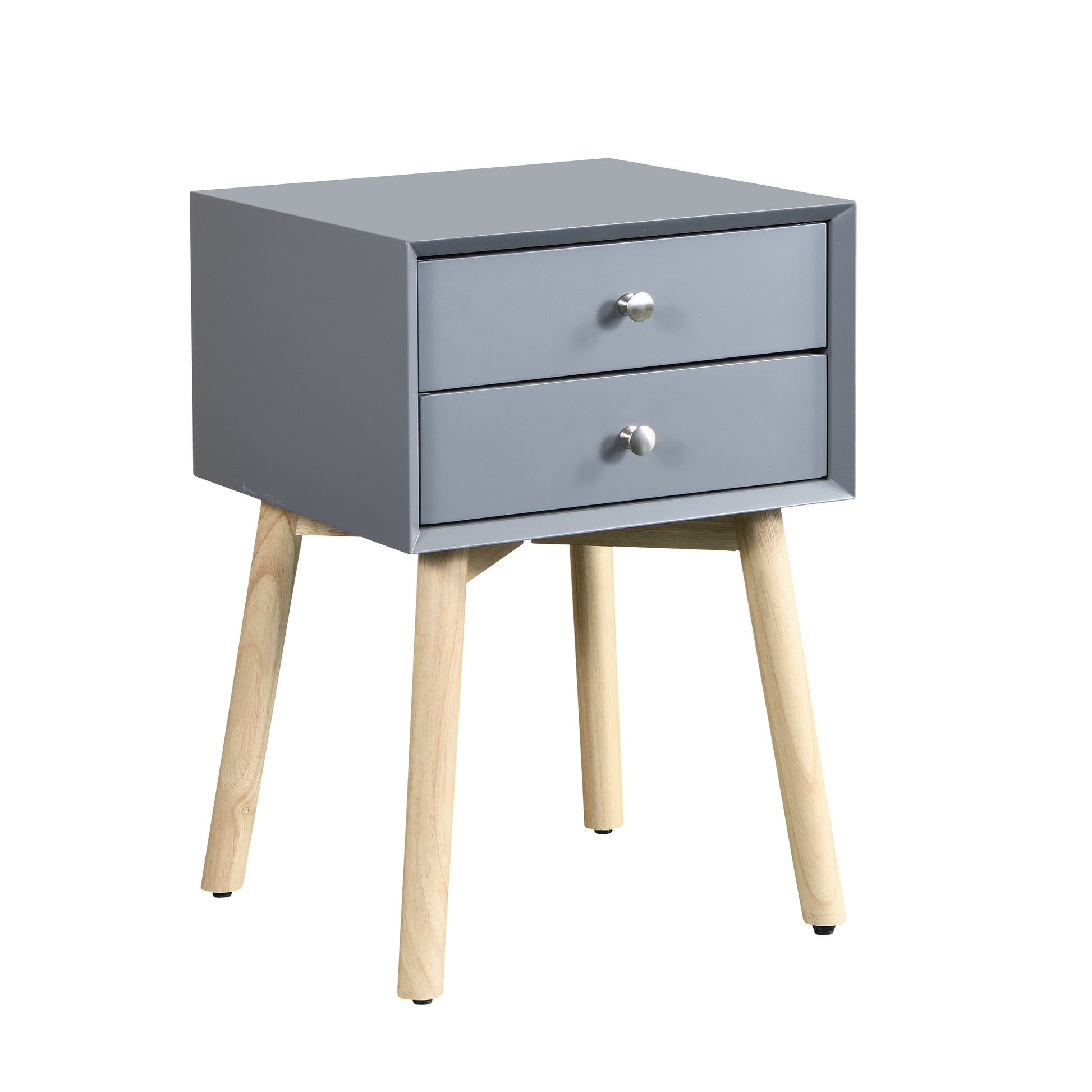 Grey bedside table with two drawers and wooden tapered legs