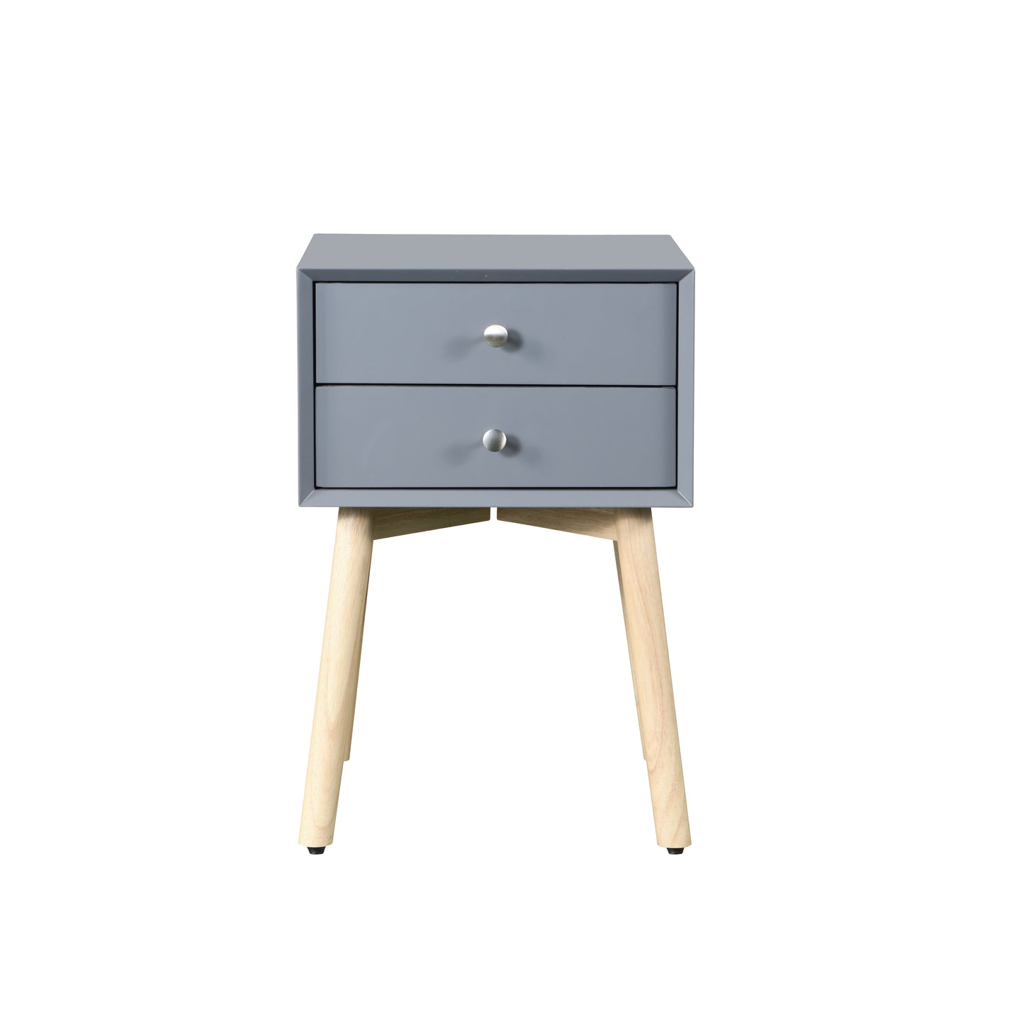 Gray twodrawer nightstand with silver knobs and light wood tapered legs