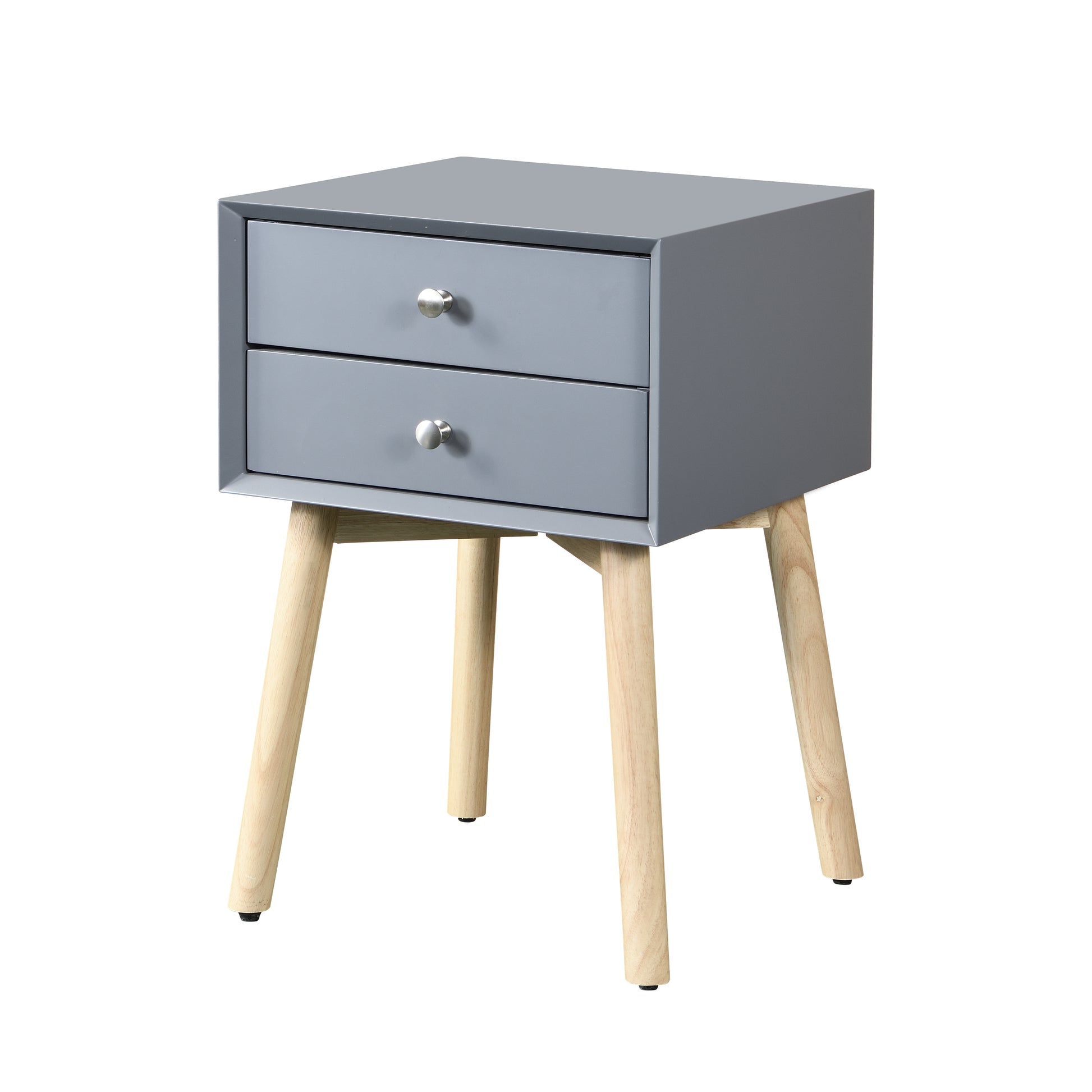 Gray midcentury modern nightstand with two drawers and tapered wooden legs