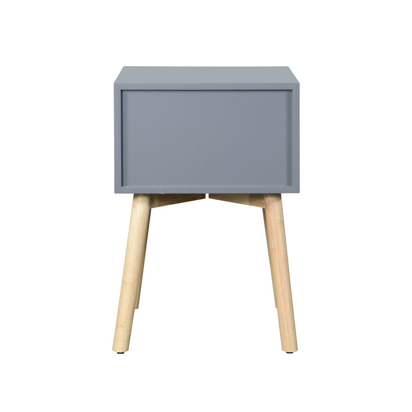 Gray midcentury modern nightstand with tapered wooden legs