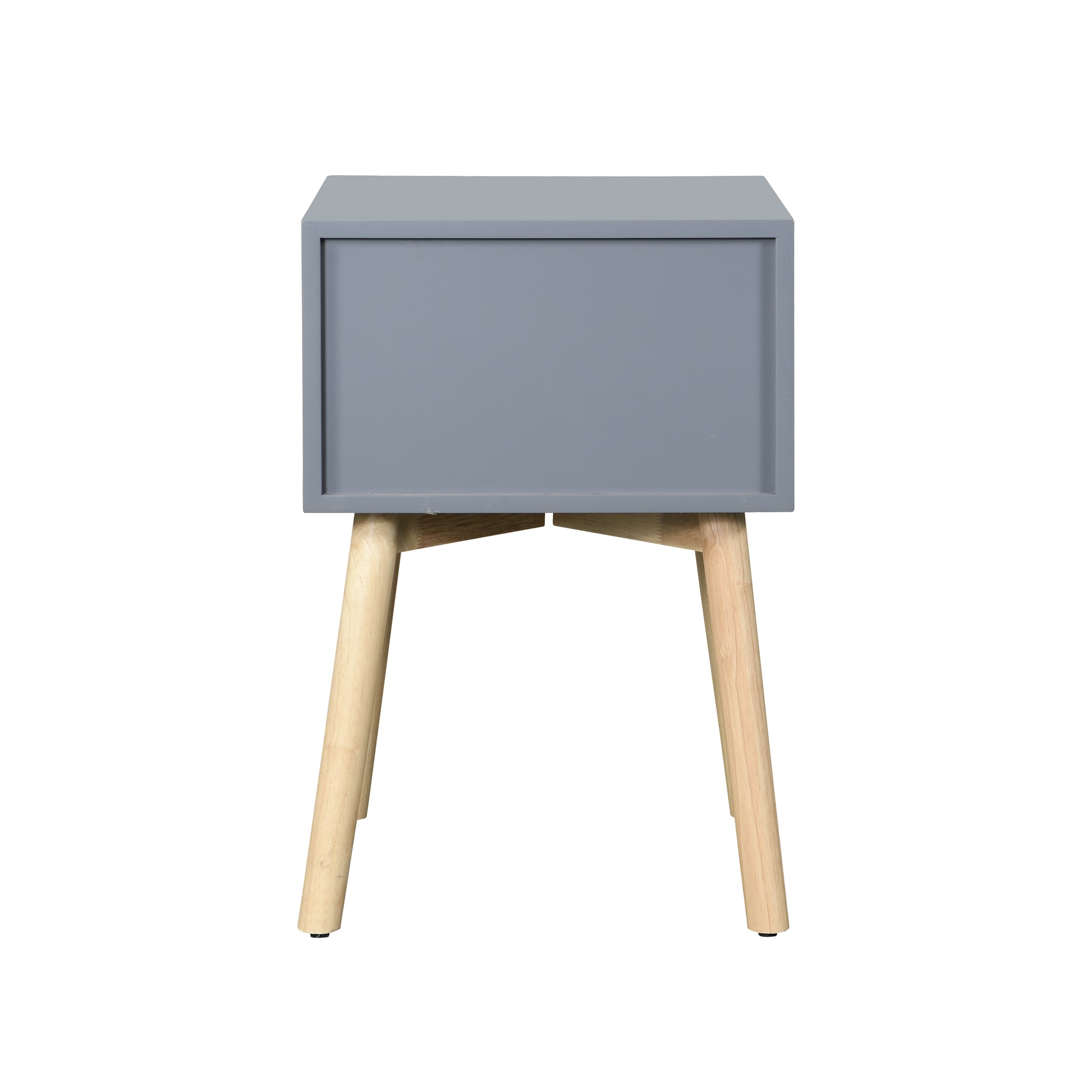 Gray midcentury modern nightstand with tapered wooden legs