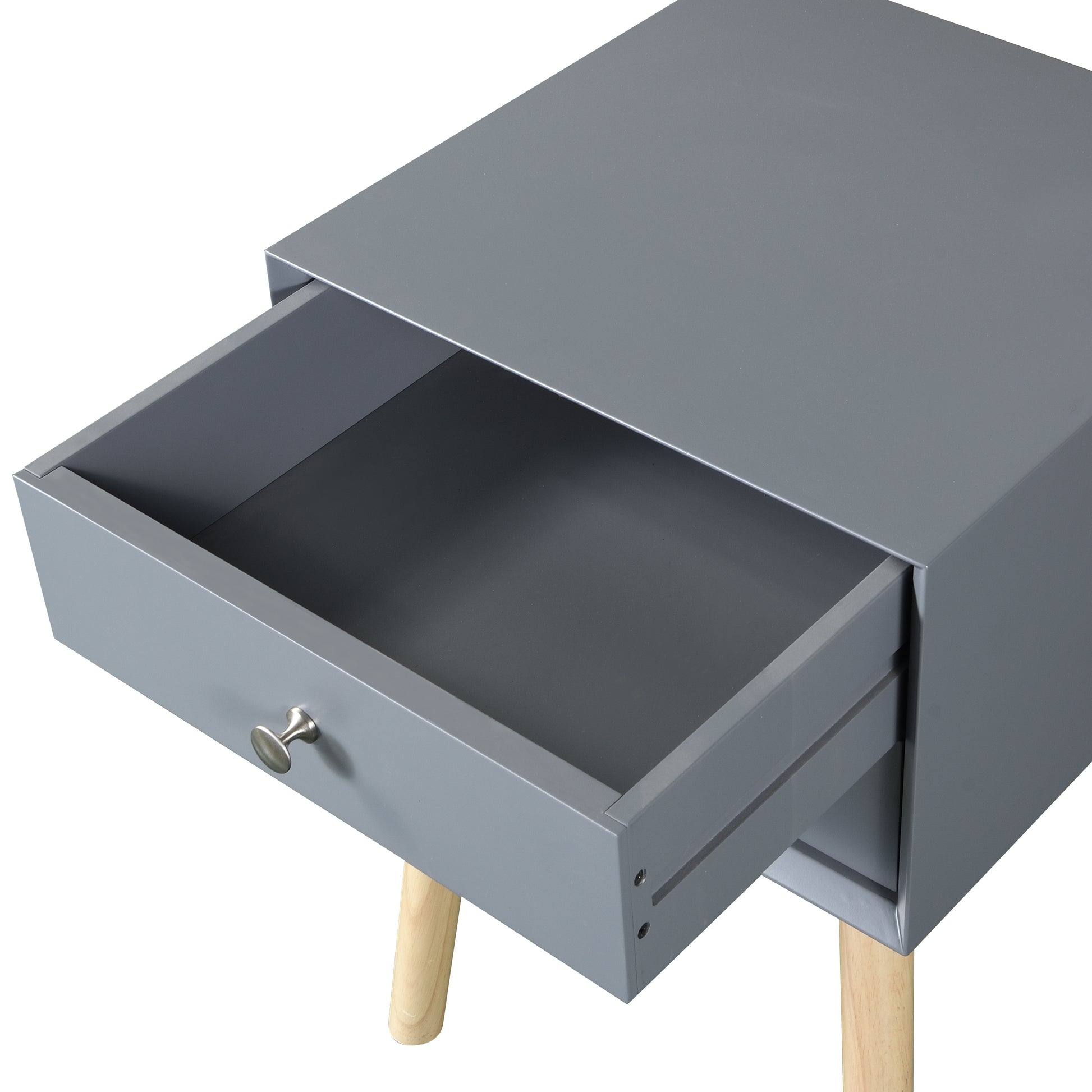Grey bedside table with open drawer and silver knob