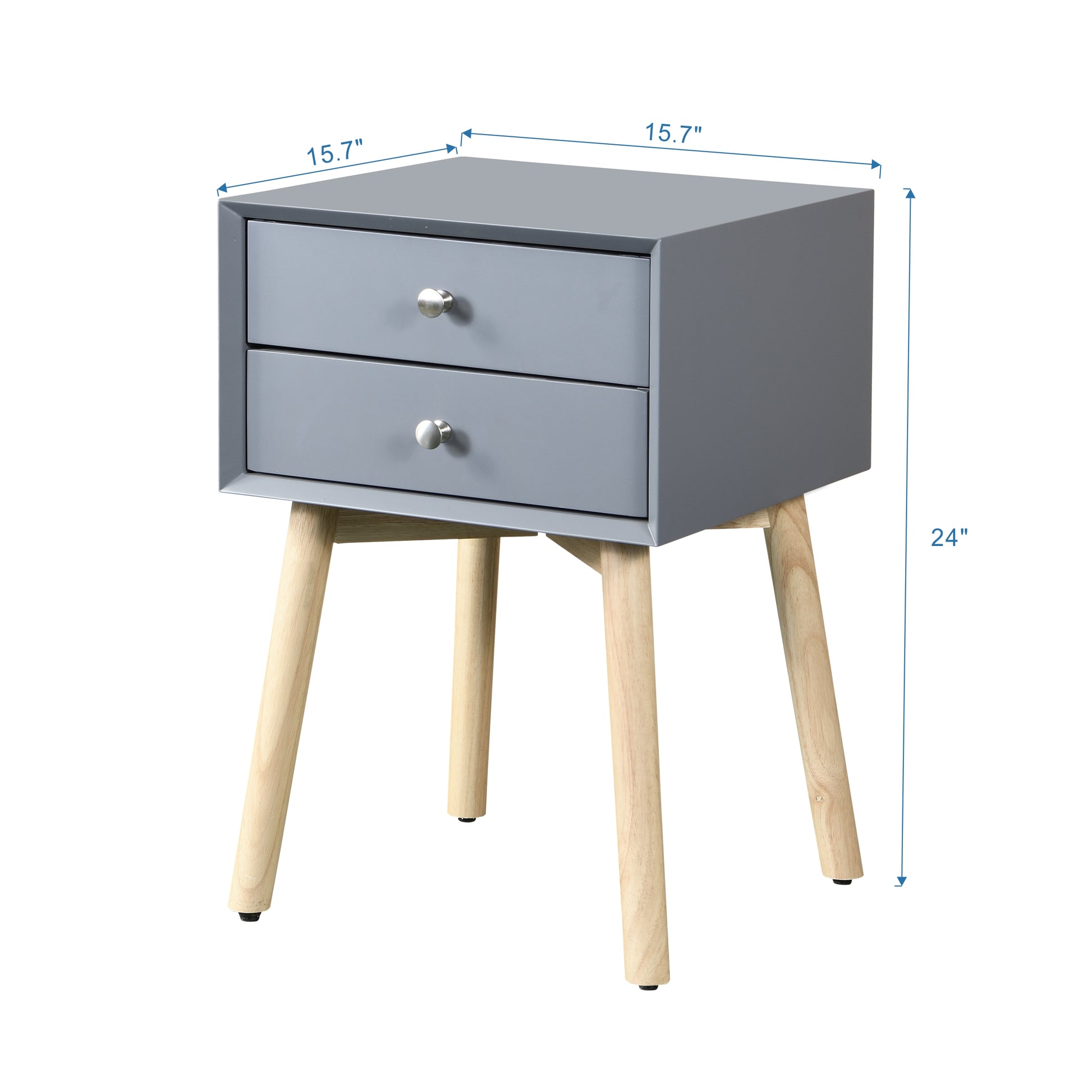 Gray midcentury modern nightstand with two drawers and tapered wooden legs