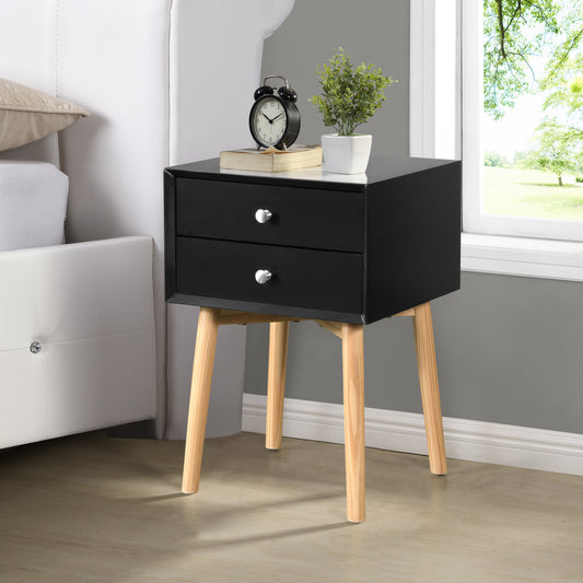 Black bedside table with two drawers and wooden legs