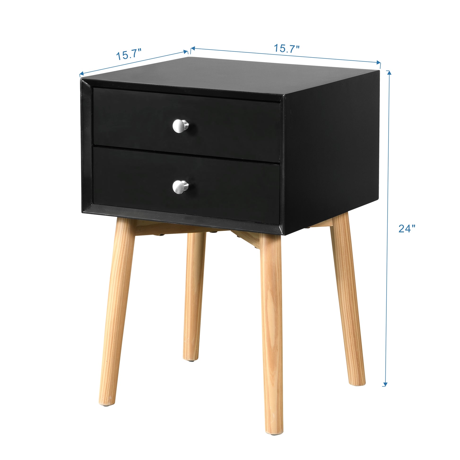 Black twodrawer nightstand with tapered wooden legs and silver knobs