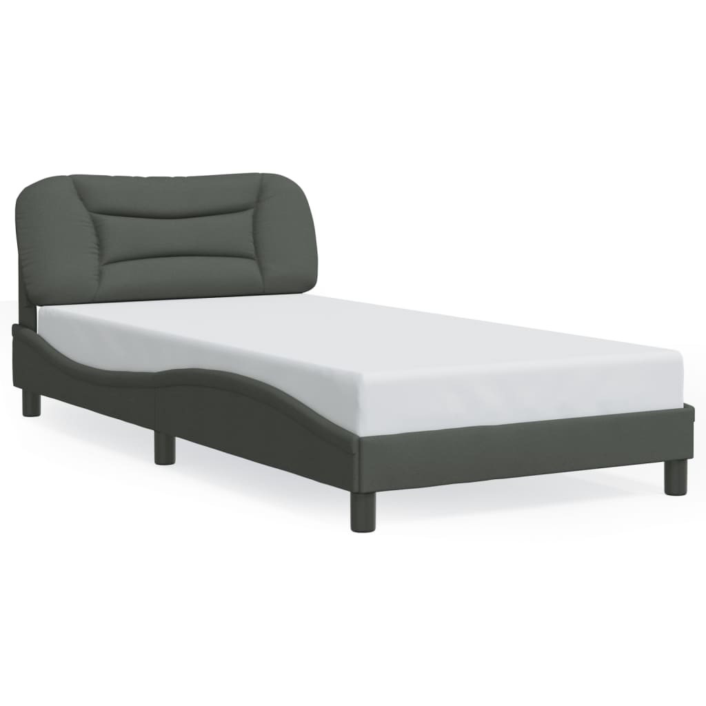 Diagram of a grey fabric bed frame with dimensions labeled in centimeters and inches