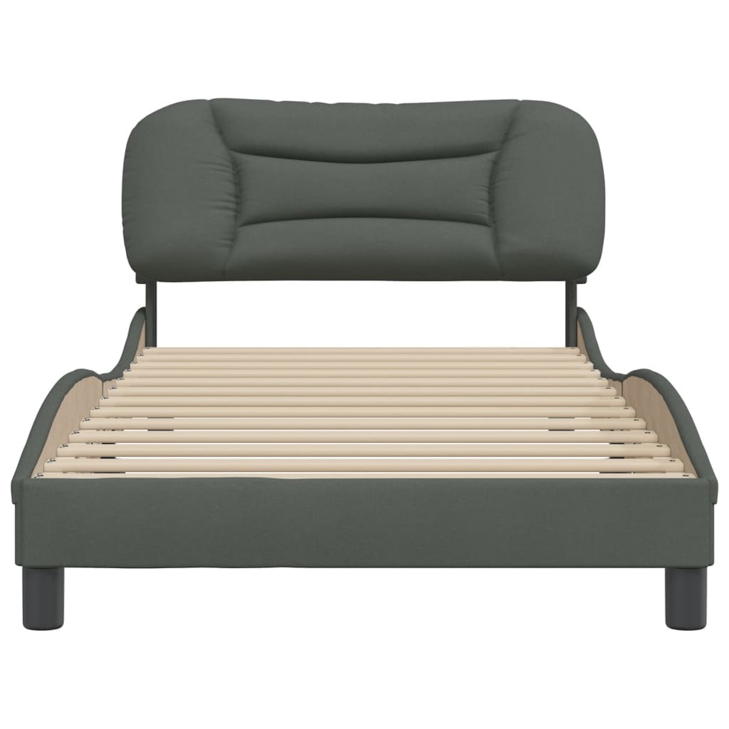Modern grey upholstered bed frame with curved headboard and wooden slats