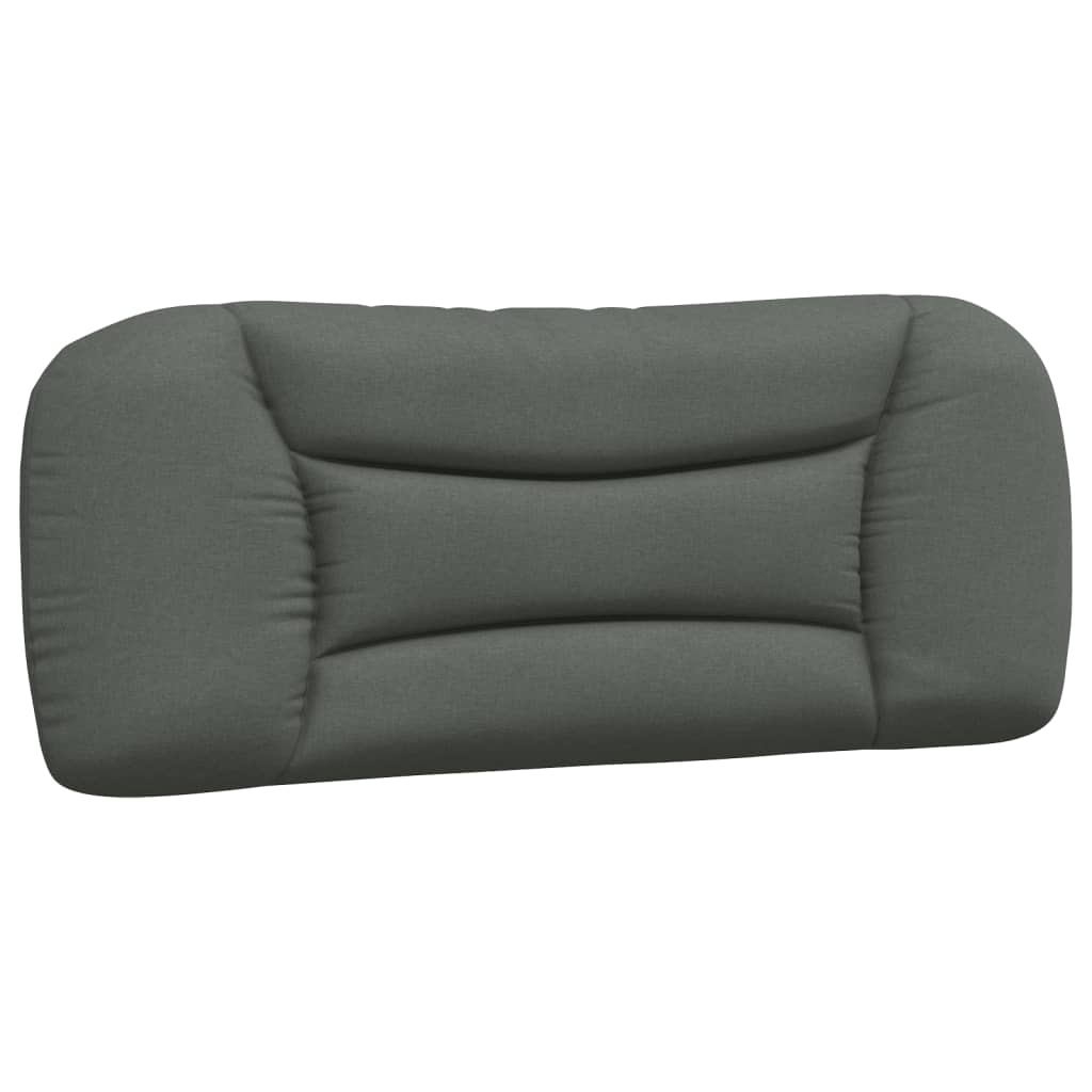 Dark gray fabric upholstered bed frame with curved headboard and slatted wooden base