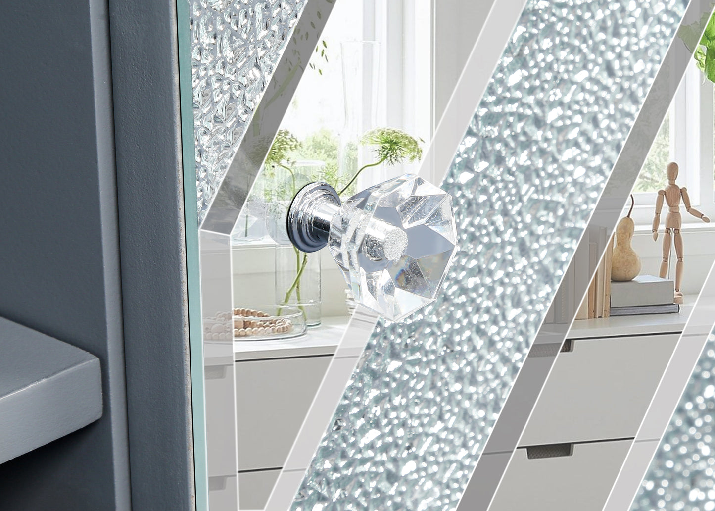 Clear faceted glass cabinet knob with polished chrome base