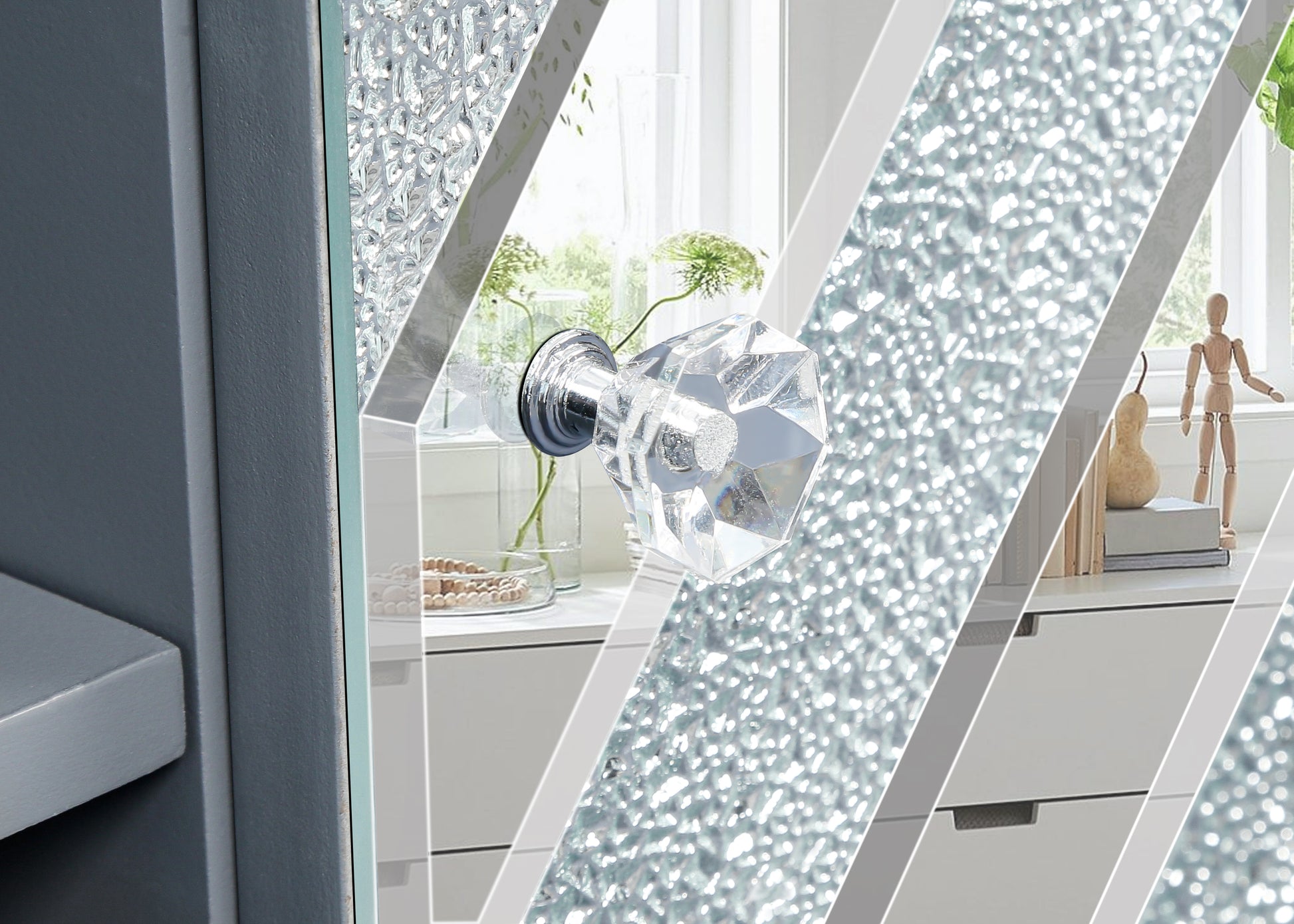 Clear faceted glass cabinet knob with polished chrome base