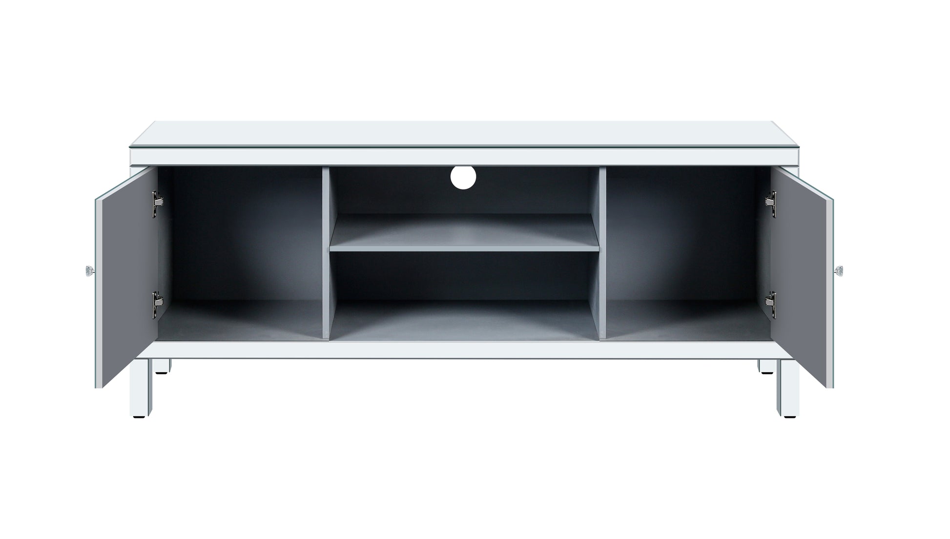 White modern media console with open doors and internal shelves