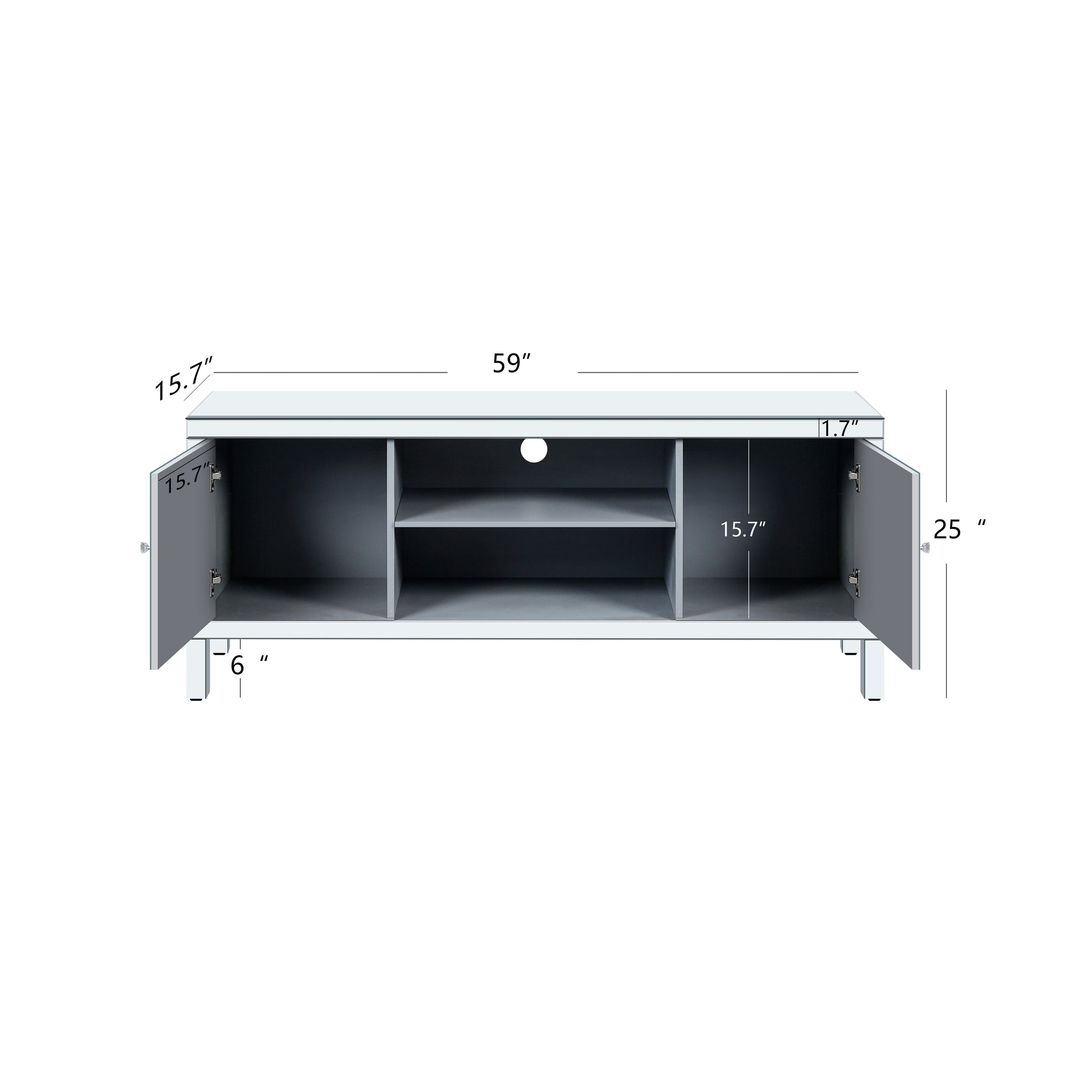 White modern TV stand with open shelving and cabinets