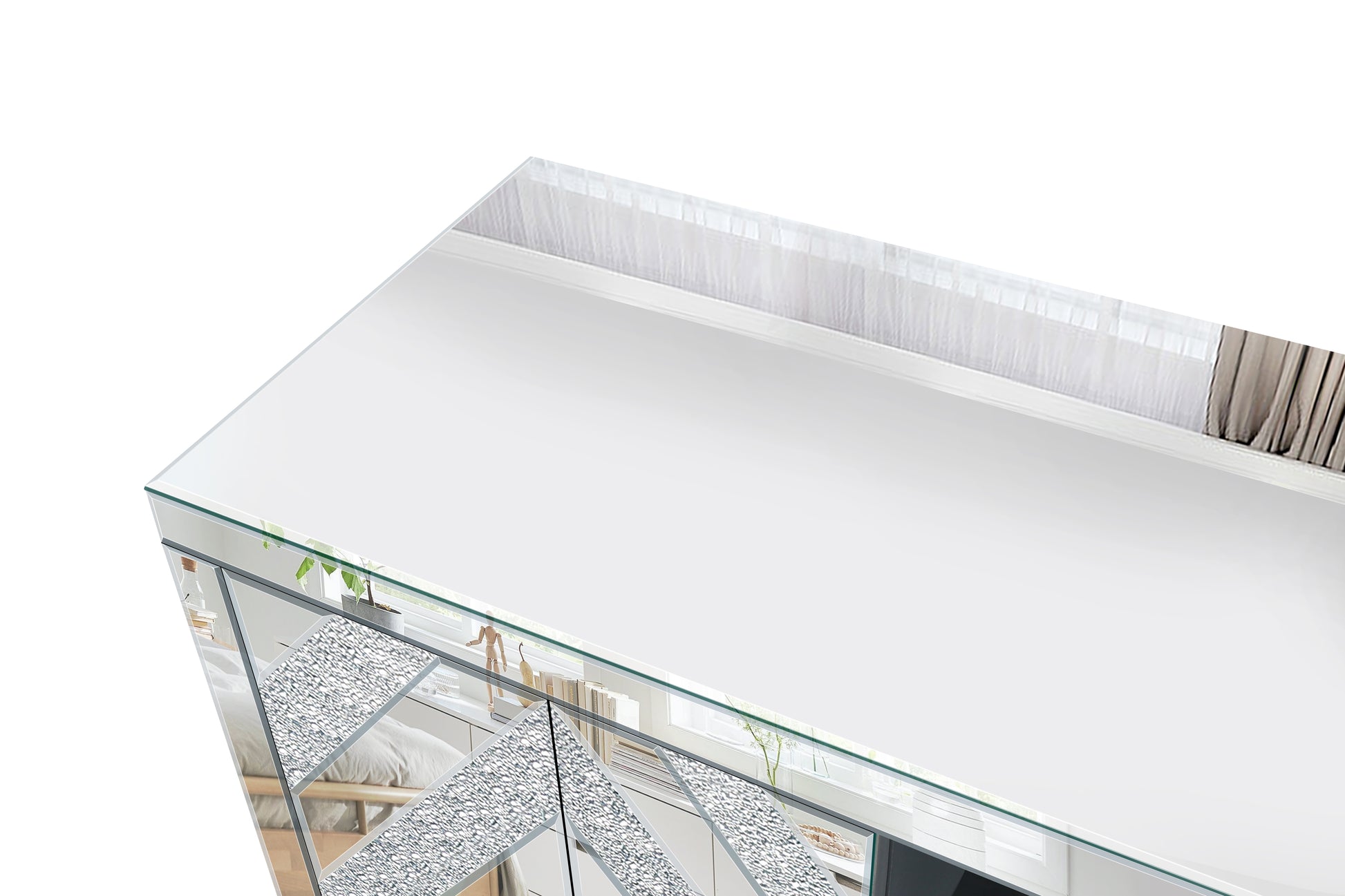Mirrored accent cabinet with textured glass panels and geometric design