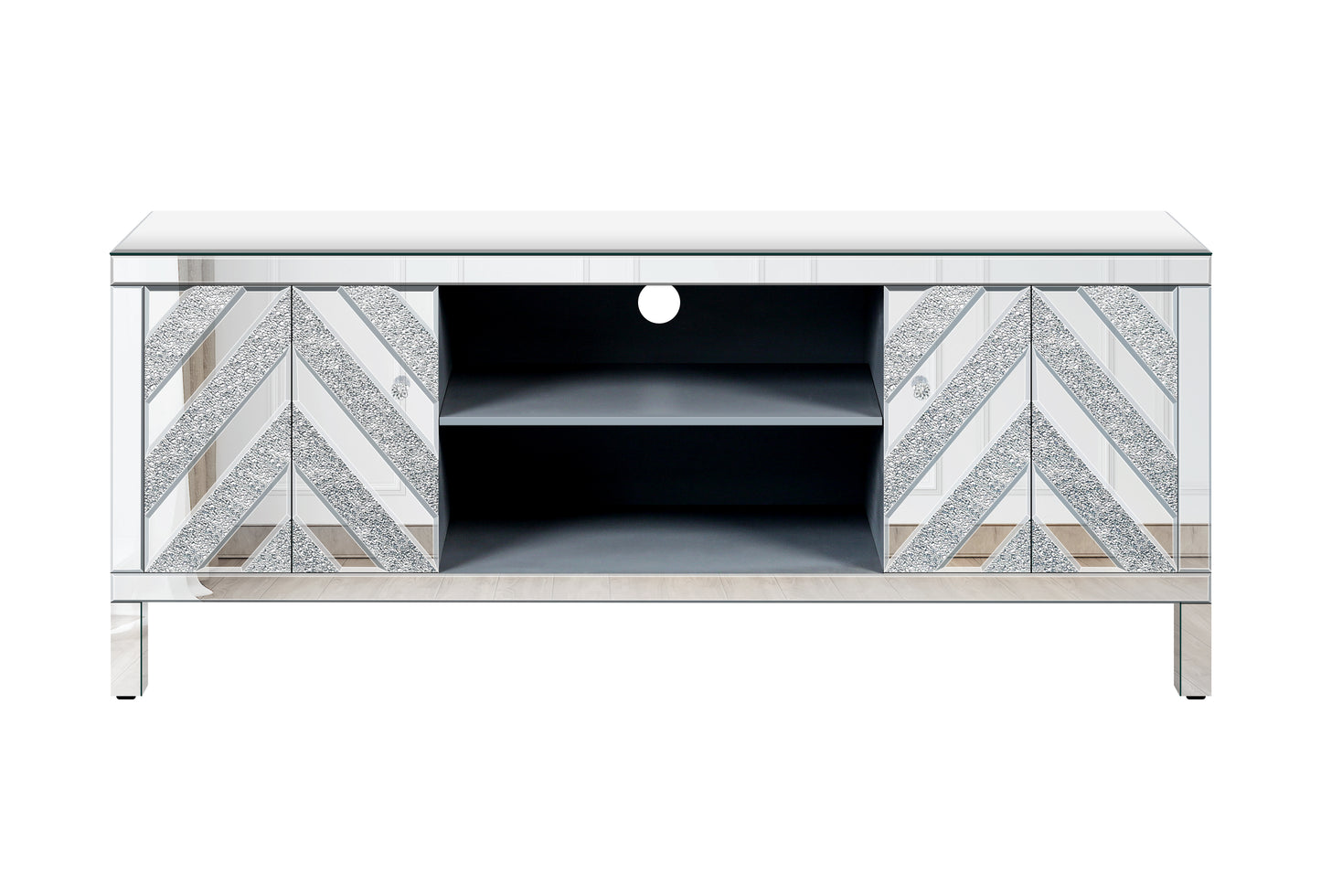 Mirrored media console with chevron glass and crystal knob details