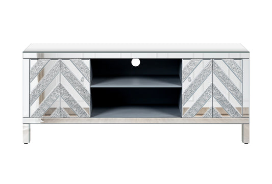 Mirrored media console with chevron glass and crystal knob details