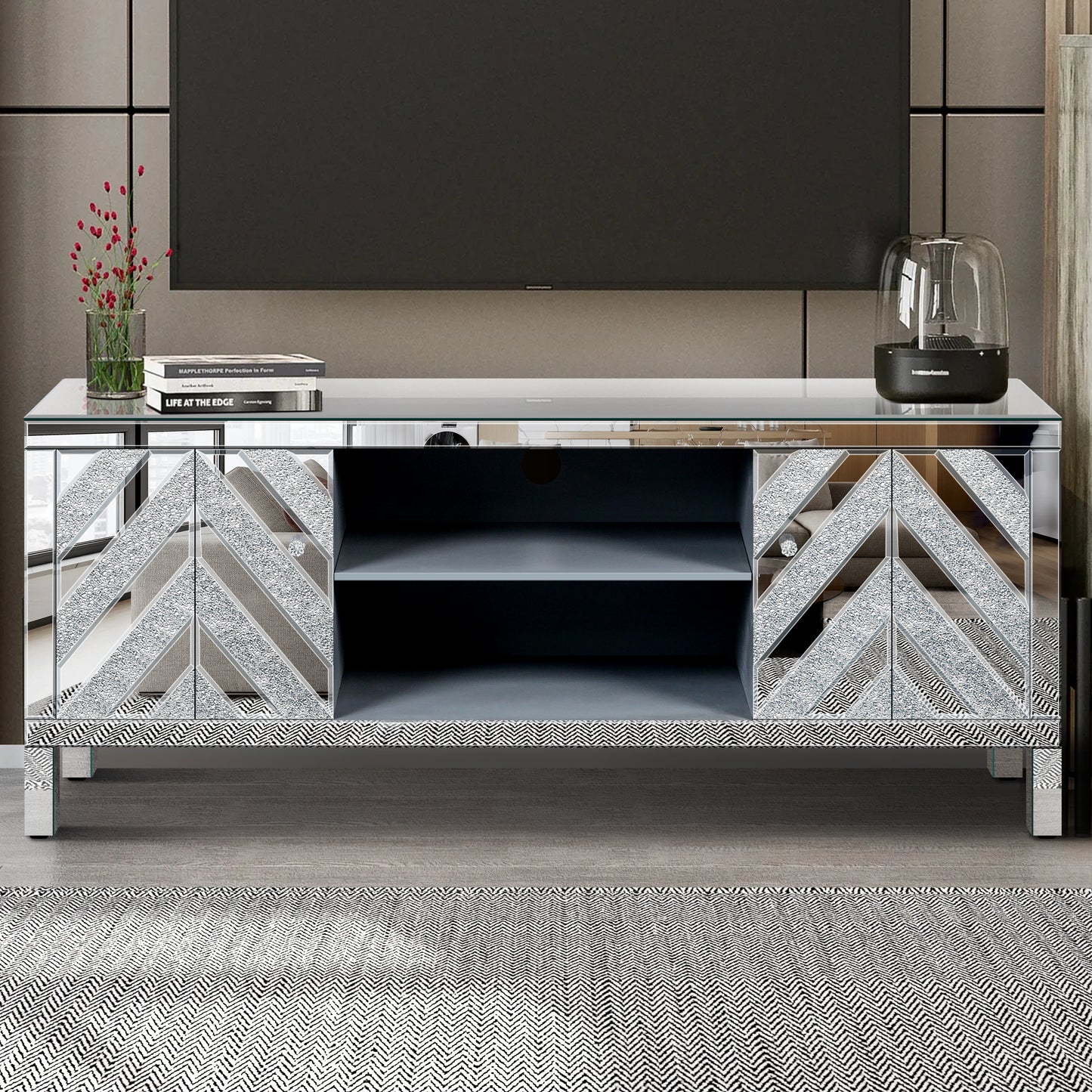 Glam mirrored media console with chevron pattern doors and open shelves