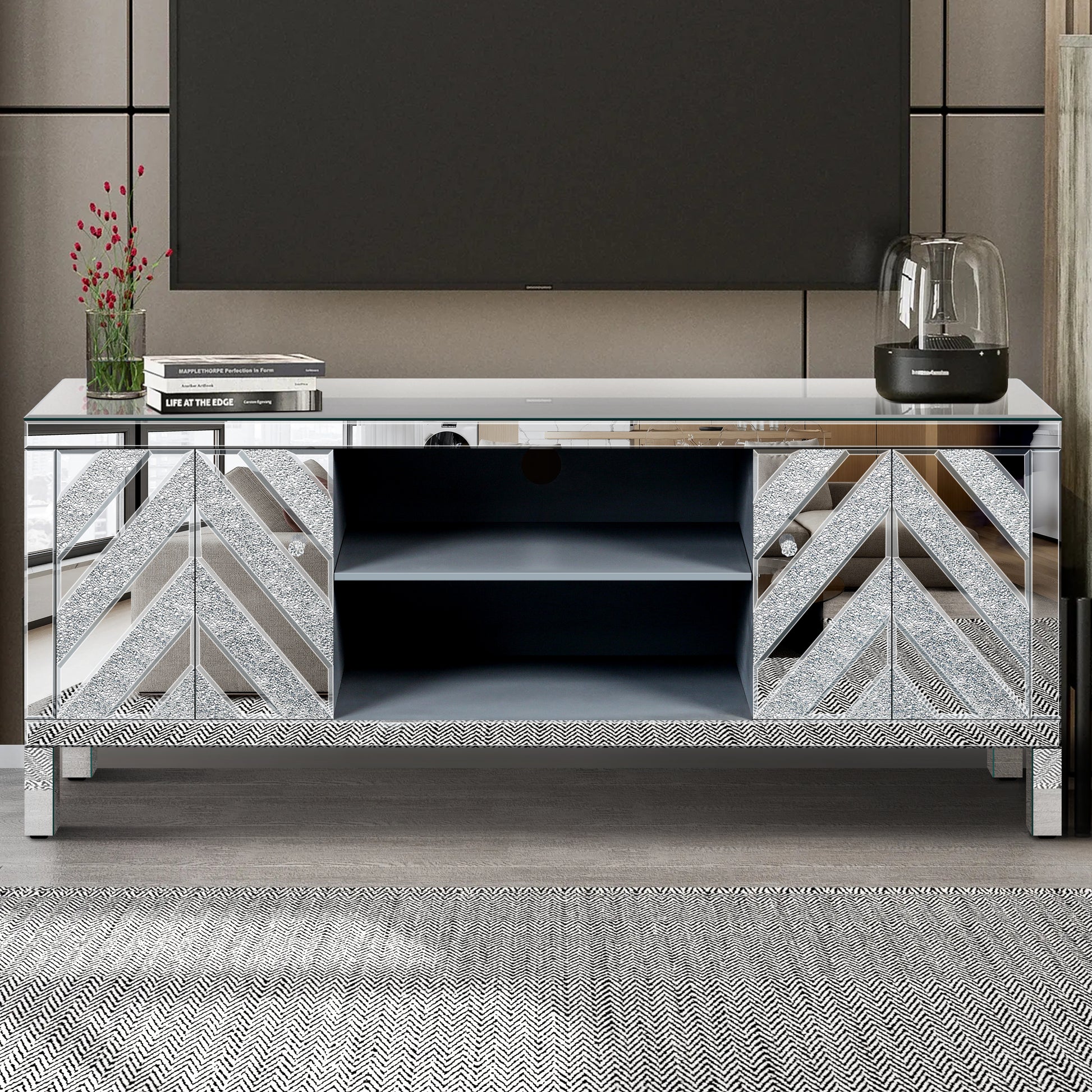 Glam mirrored media console with chevron pattern doors and open shelves