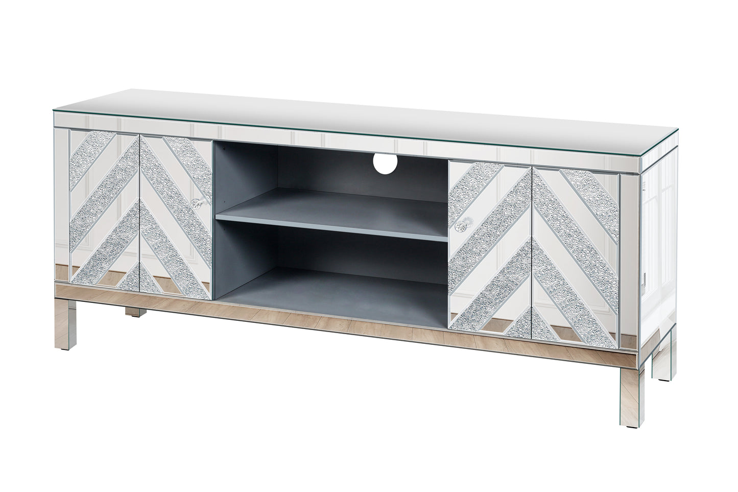 Mirrored TV stand with chevron glass inlay and two open shelves