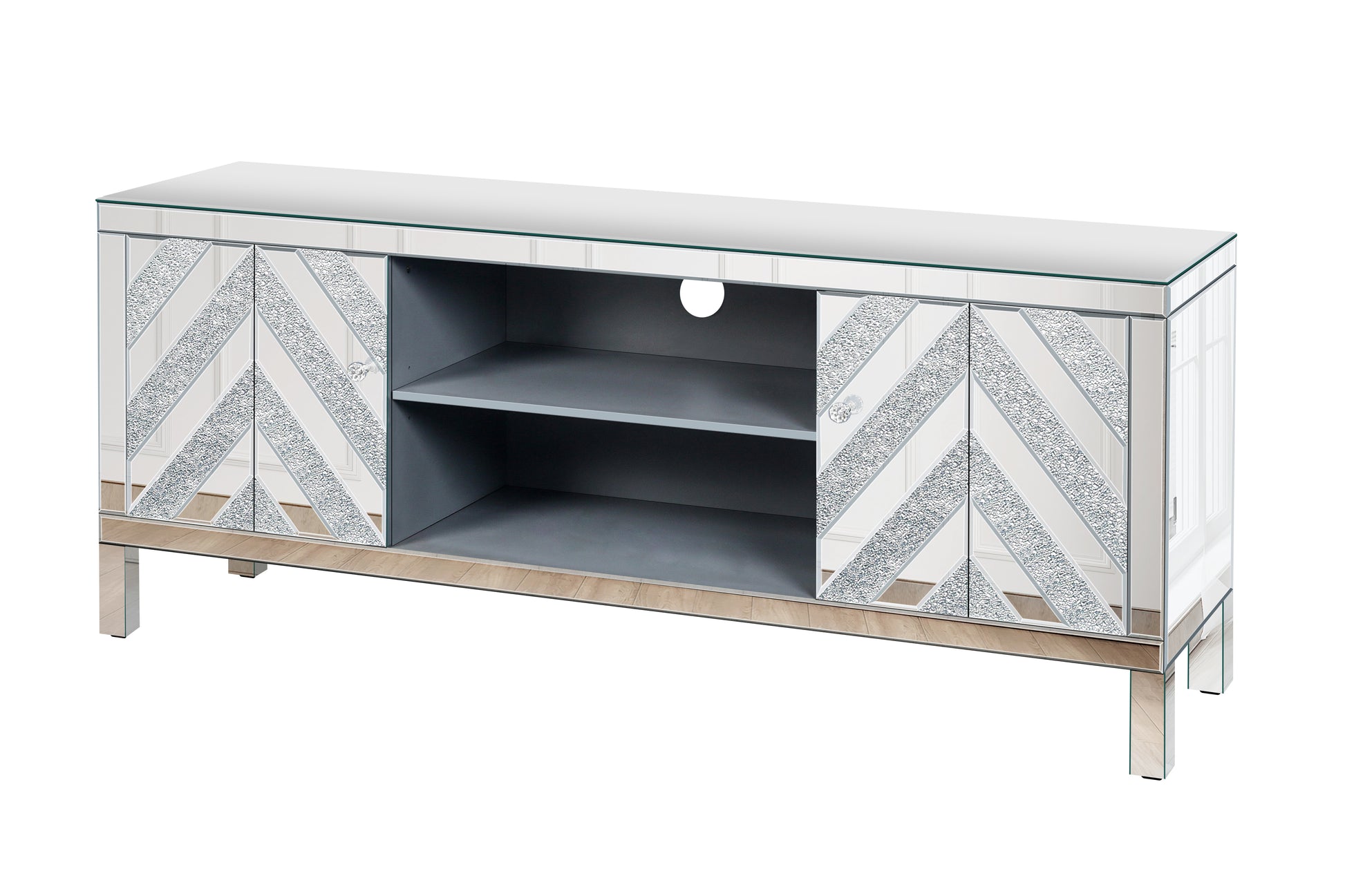 Mirrored TV stand with chevron glass inlay and two open shelves