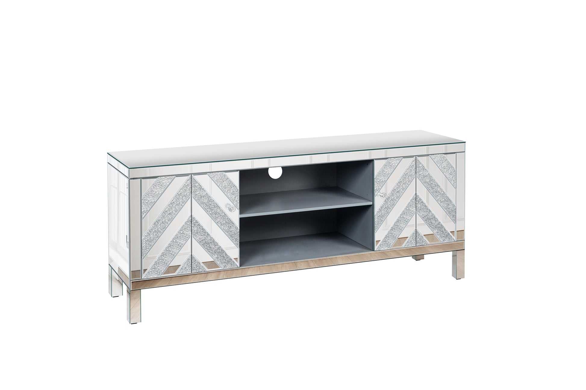 Mirrored chevron media console with glass top and crystal knob