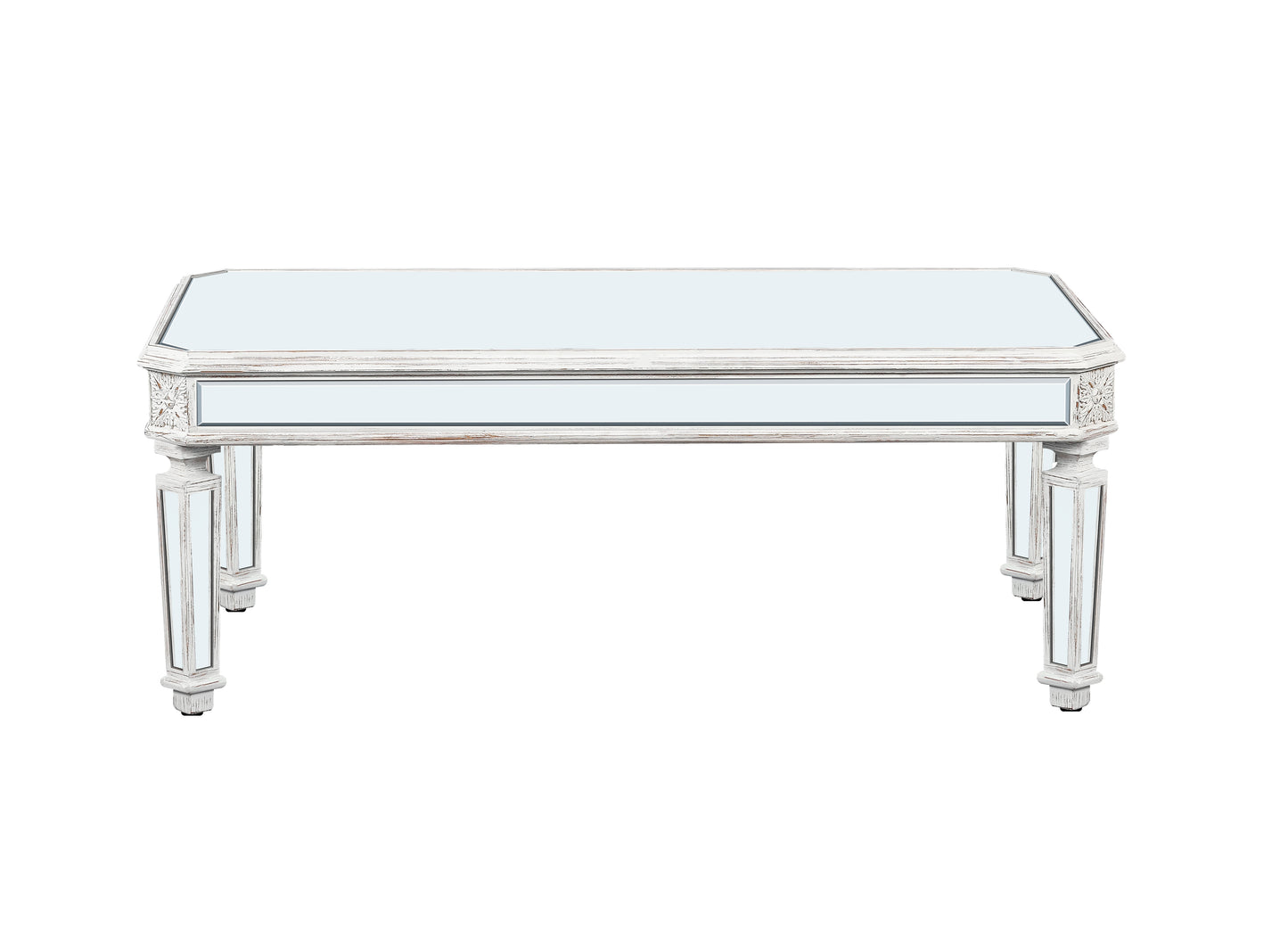 Distressed white mirrored console table with ornate carved details
