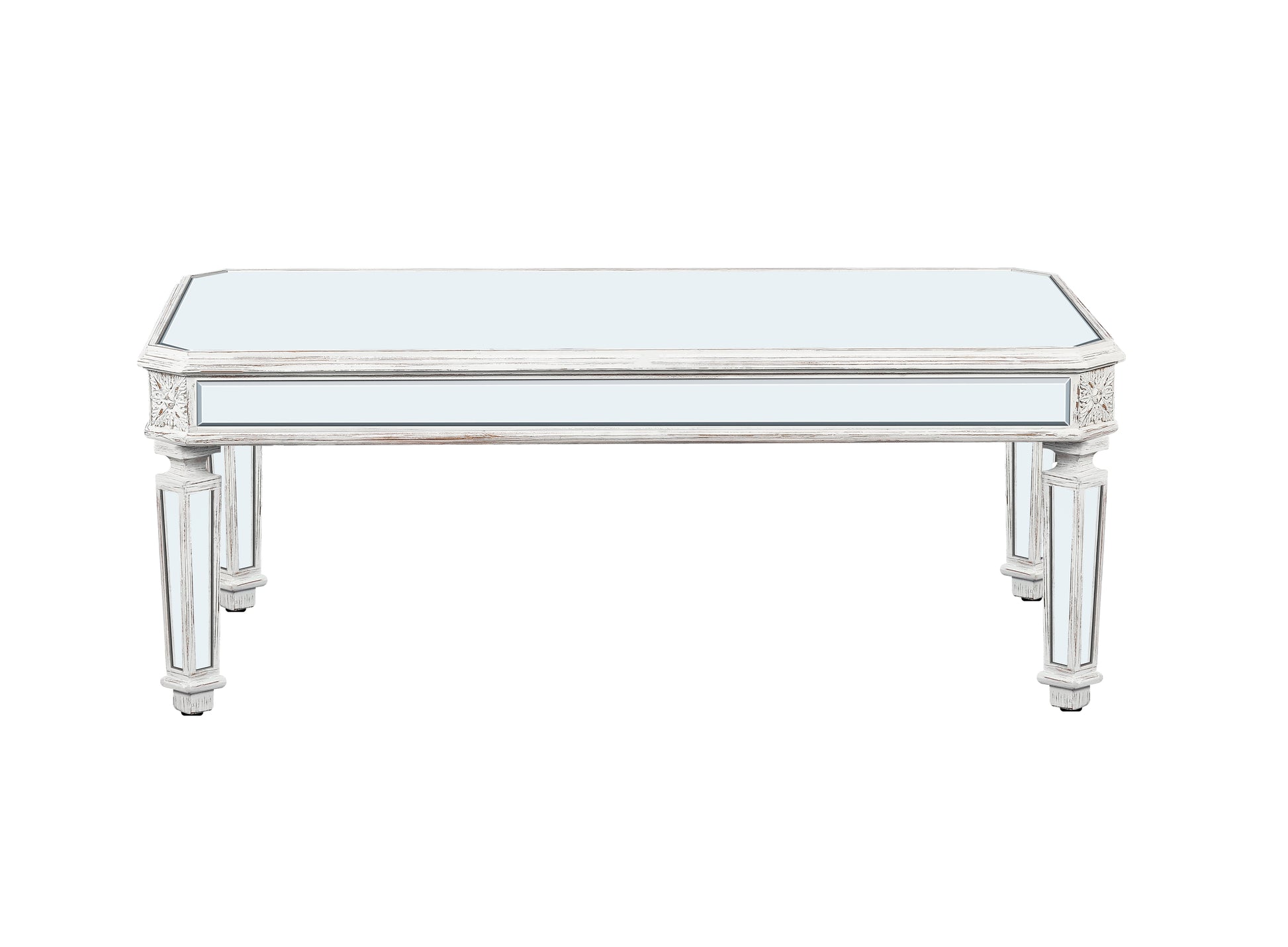 Distressed white mirrored console table with ornate carved details