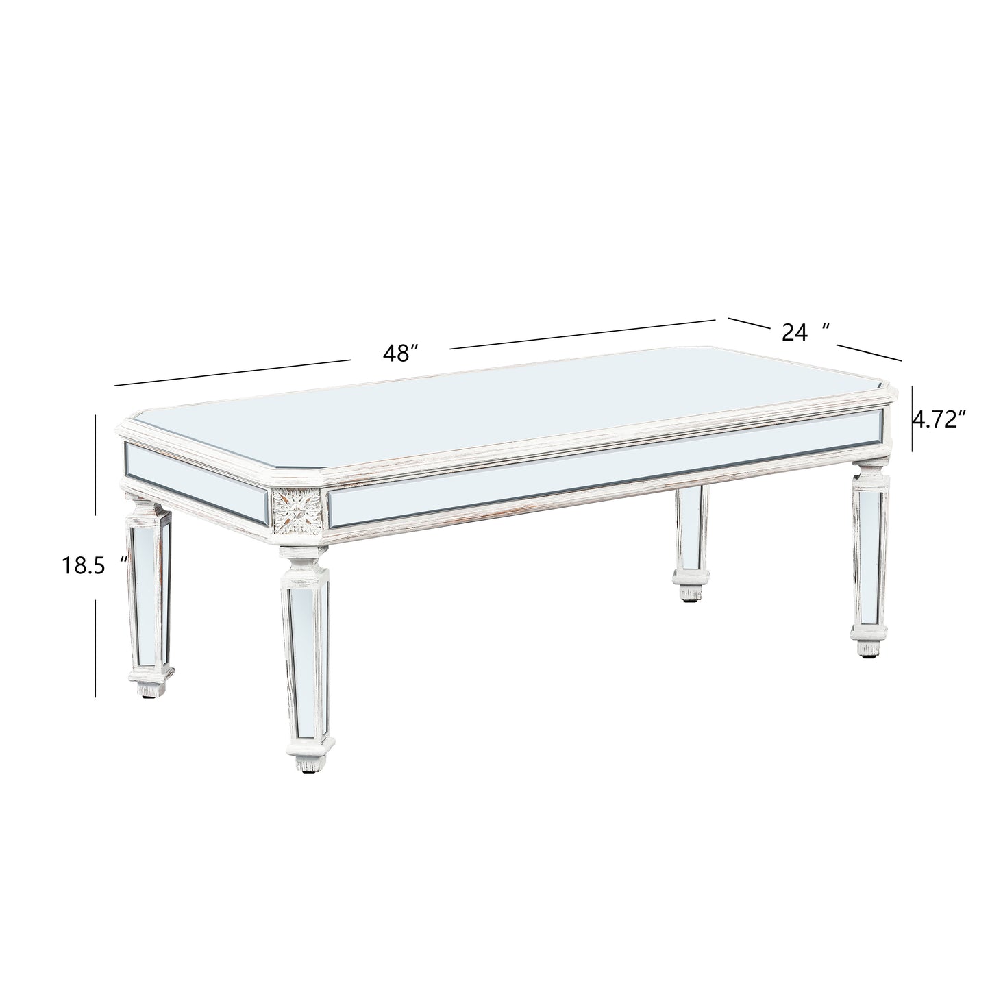Ornate mirrored coffee table with distressed white finish and carved details perfect for a vintage living room