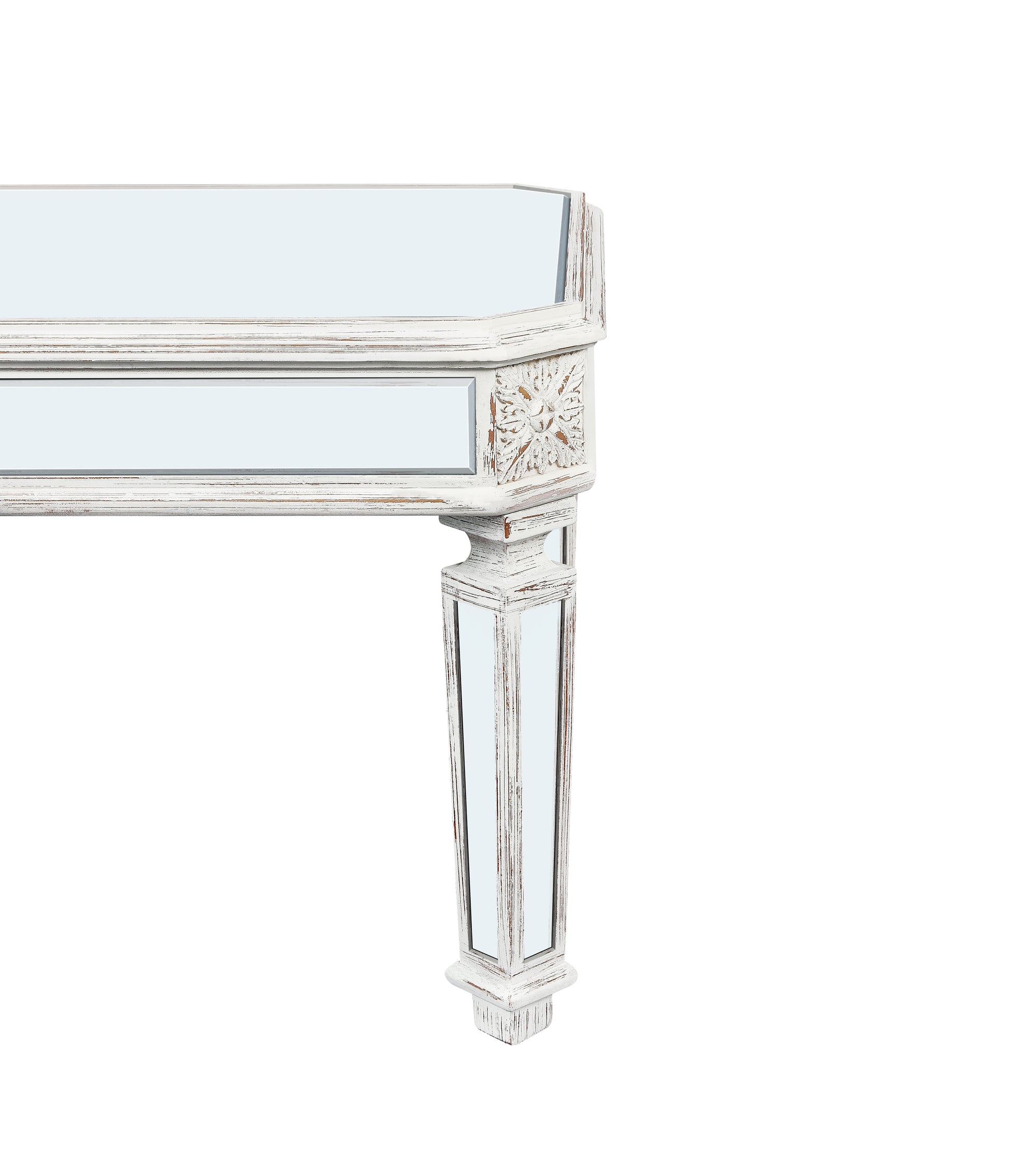 Distressed white mirrored console table leg with carved detail