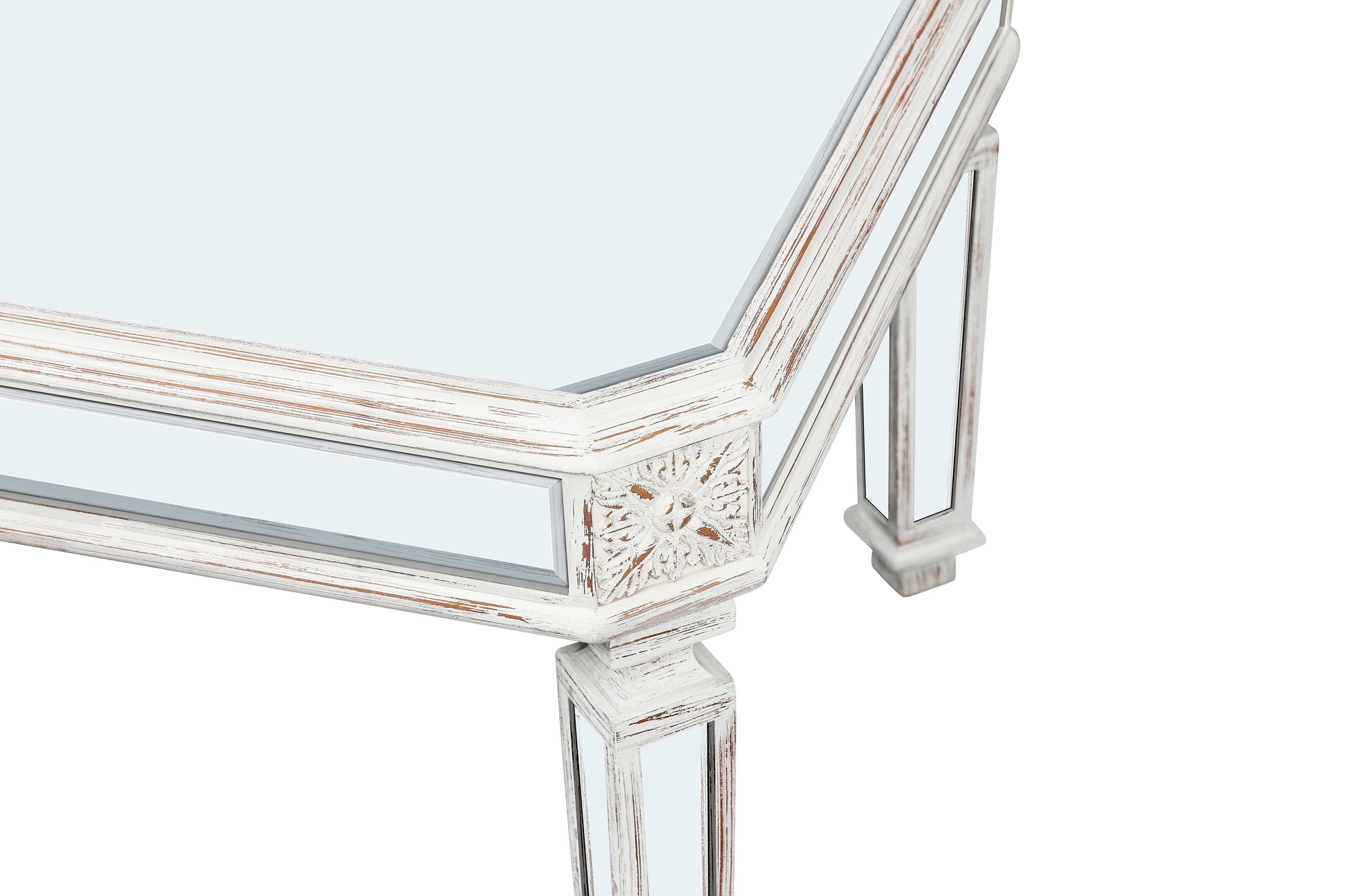 Distressed white carved wood mirror accent table with mirrored panels
