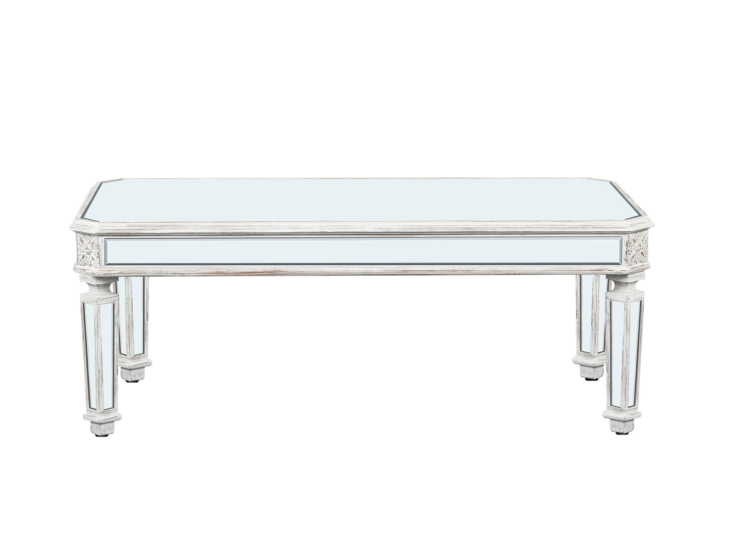 Mirrored coffee table with ornate white wood carving and antique finish